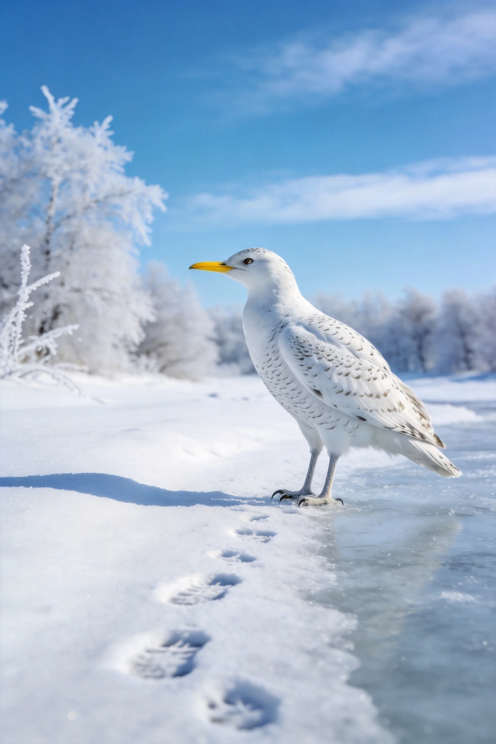 白额海鸥站在冰雪覆盖的水岸边缘,白色的羽毛带有灰色斑点,黄色的喙清晰可见。