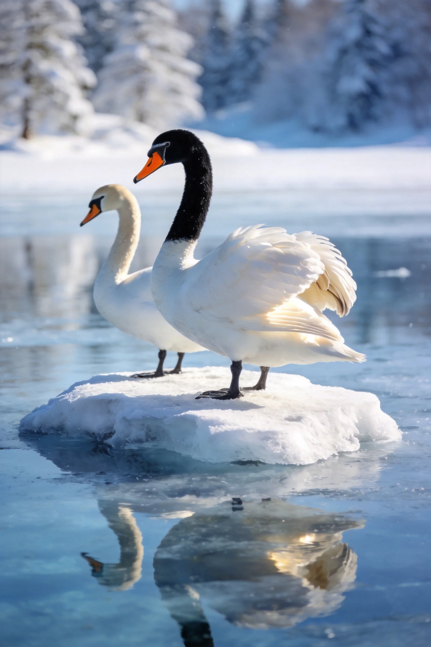 黑颈天鹅与全白天鹅立于冰雪覆盖的浮冰之上,羽毛洁白柔软,姿态优雅从容。