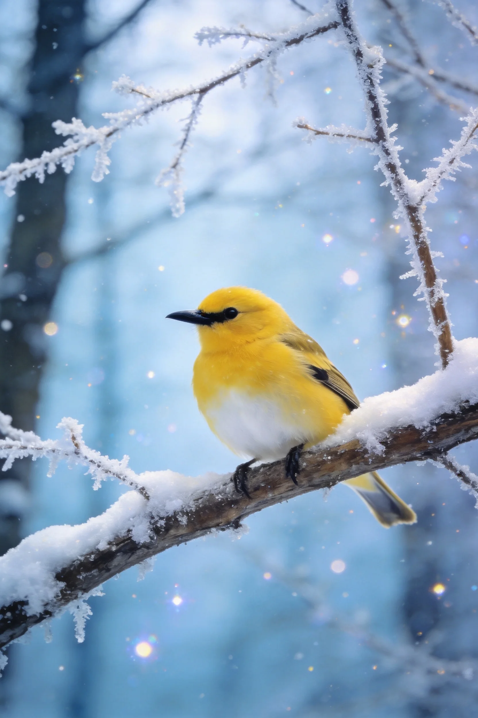 一只黄腹绣眼鸟栖息在积雪覆盖的树枝上,羽毛呈明亮的黄色和白色,翅膀有深色斑纹,周围是结霜的树枝和飘落的雪花。