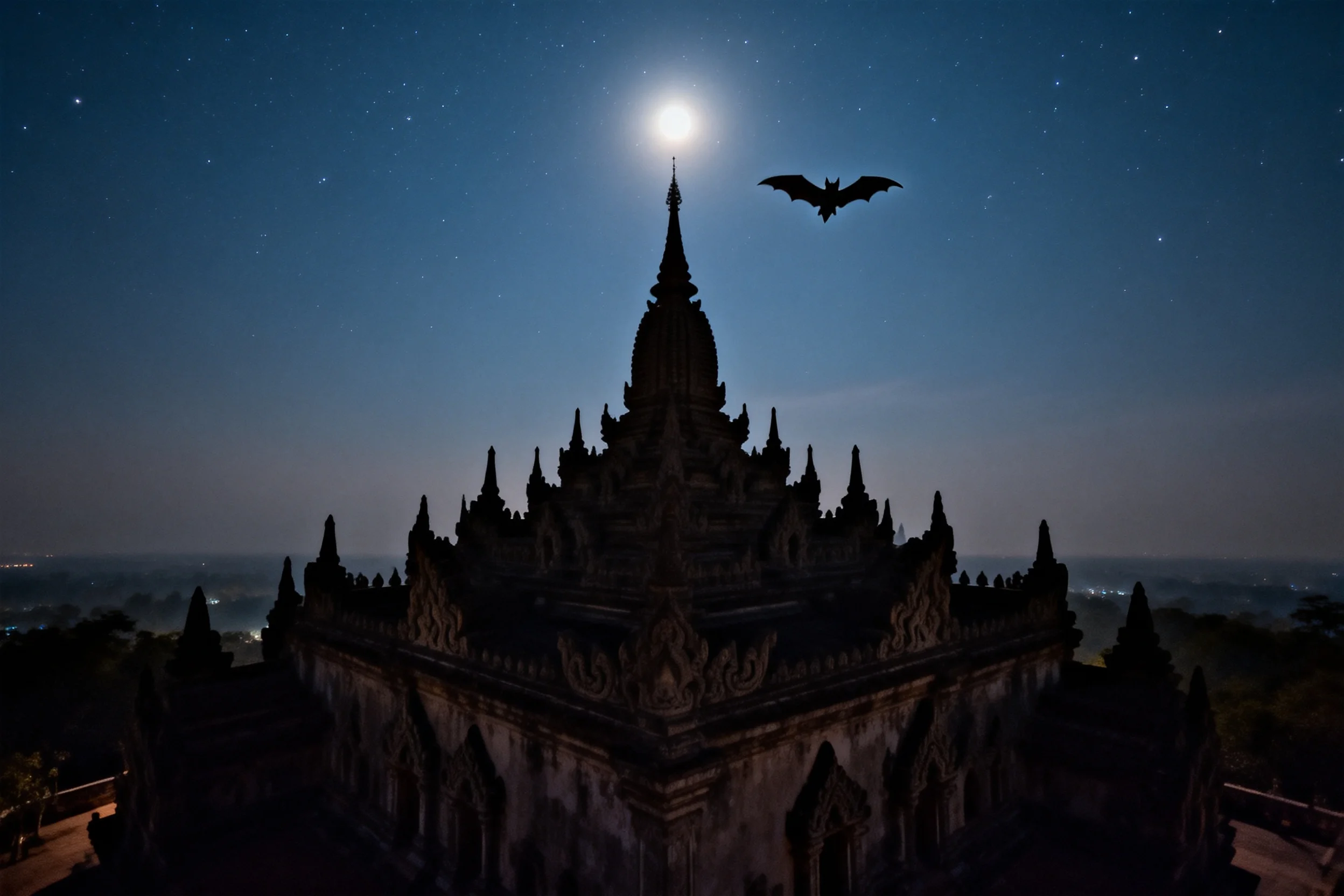 蝙蝠在夜空中飞行,翅膀完全展开,与佛塔的轮廓形成鲜明对比。