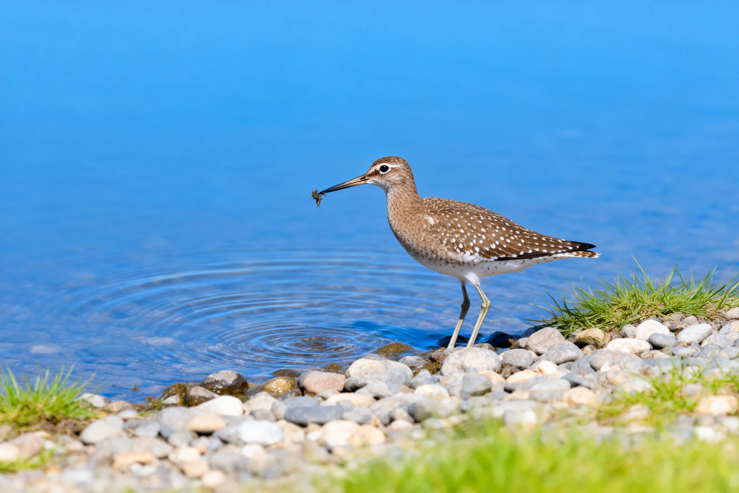 斑胸鹬站在水岸石块上,喙中叼着小型猎物,羽毛有白色斑点。