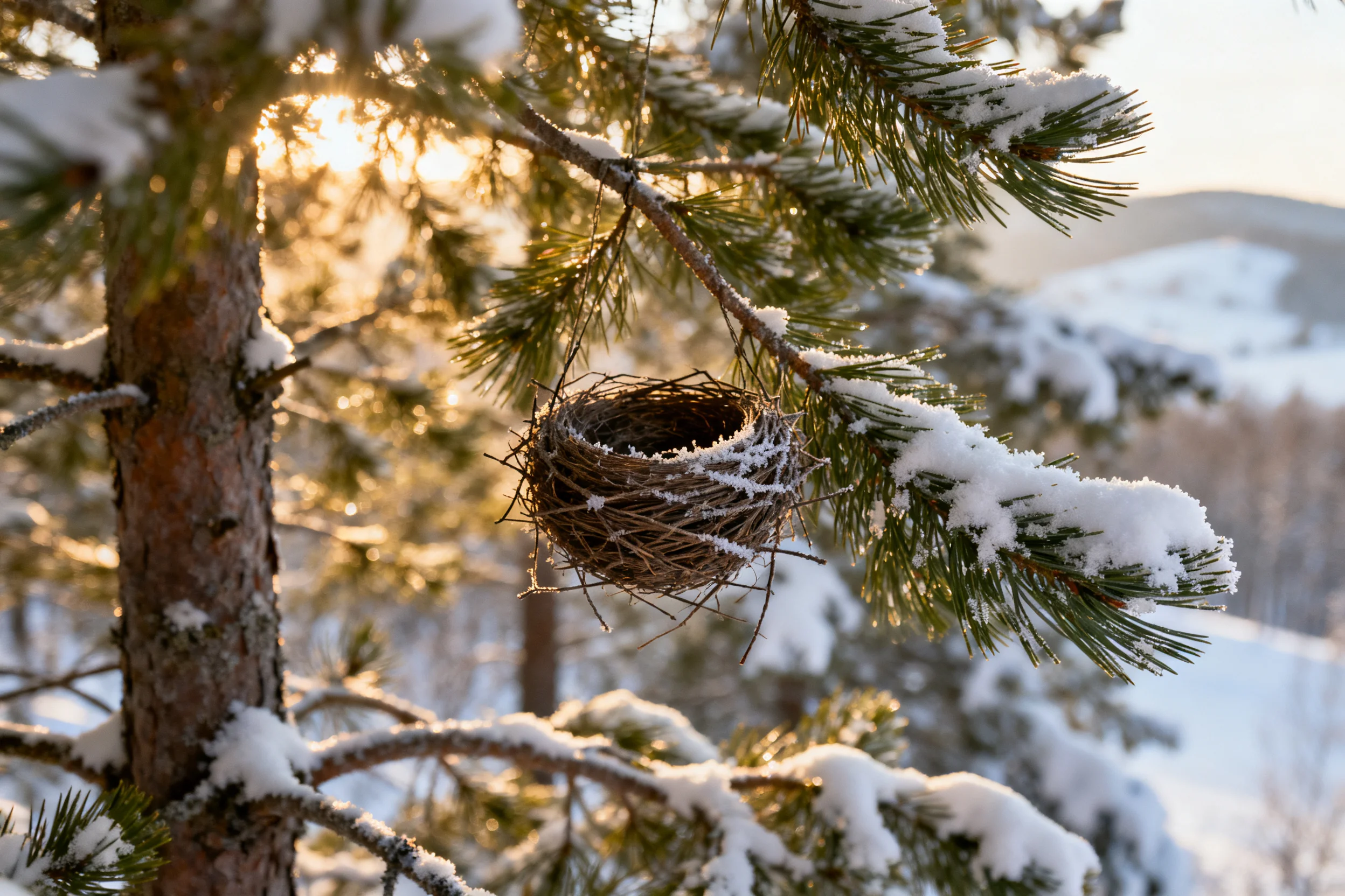 雪地松枝上悬挂着由细树枝编织而成的空鸟巢,巢身呈圆形,表面有雪粒附着。