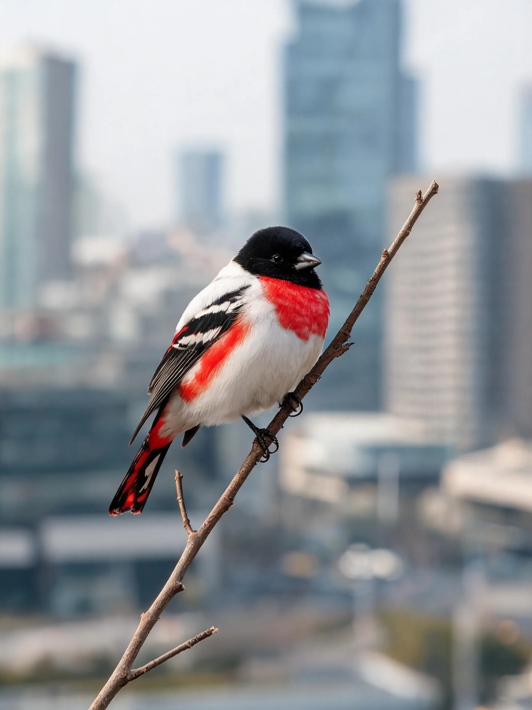 红胸黑头鸣禽栖息在细枝上,羽毛黑白红三色分明,爪子紧紧握住枝干。