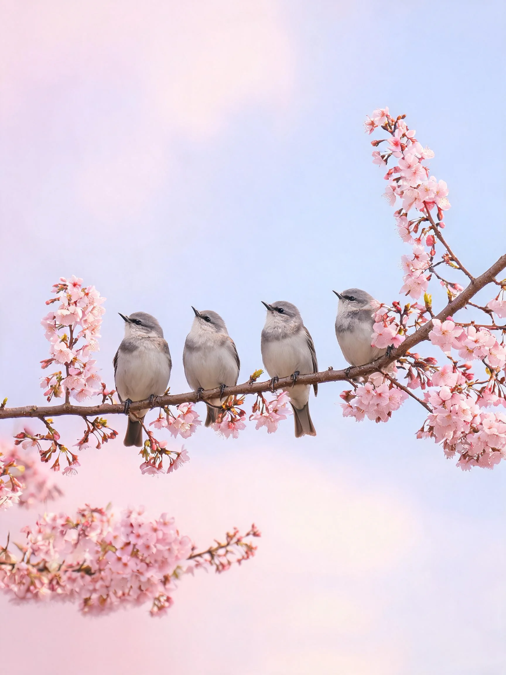 四只灰蓝姬鹟栖息在樱花枝上,羽毛呈淡灰色,腹部有浅色区域,栖息在细长的树枝上,周围环绕着粉色樱花。