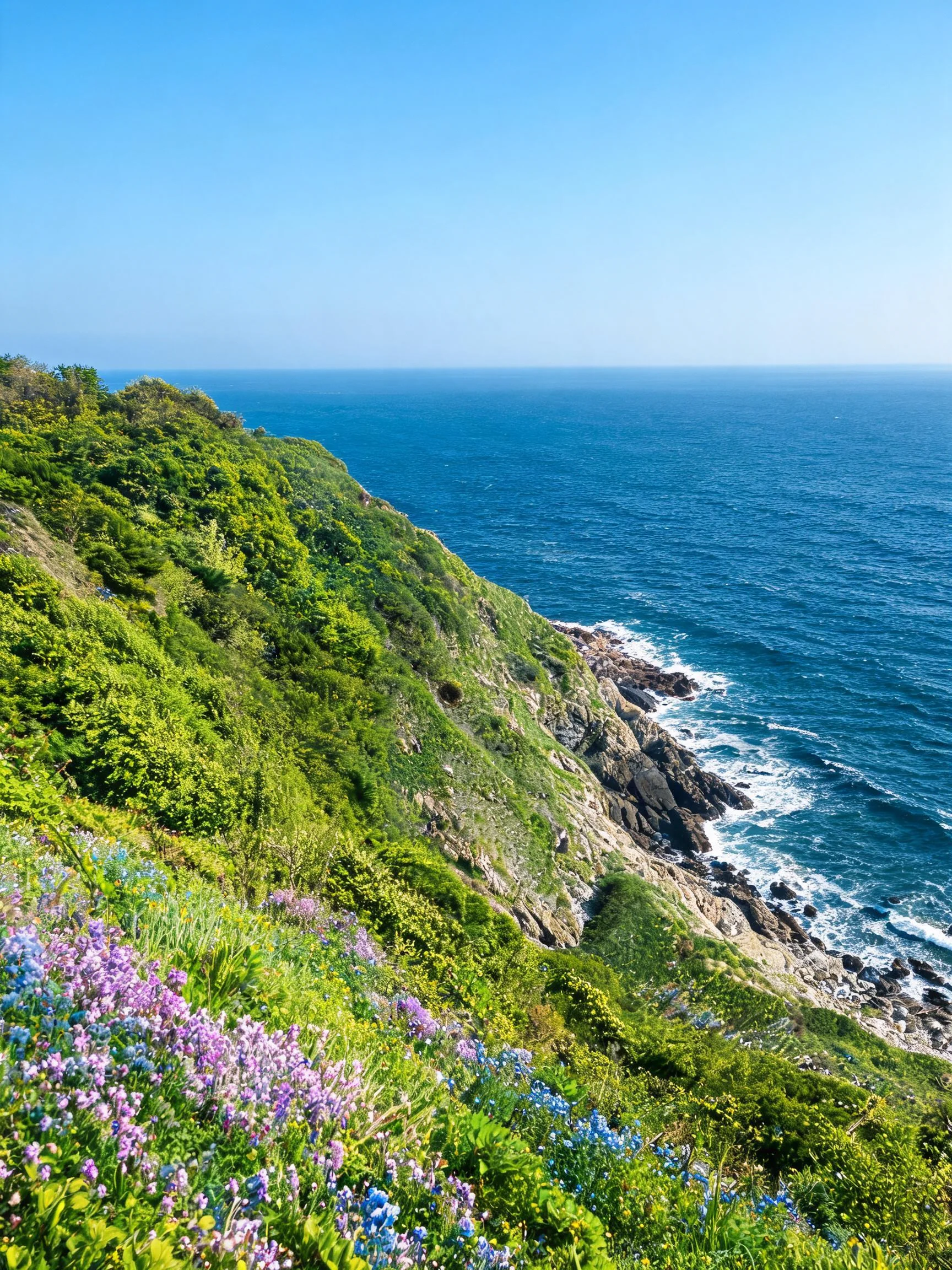 青绿海岸悬崖野花风光展现一处生长的沿海悬崖，前景中紫色与蓝色野花点缀在青绿植被间，岩石峭壁临海而立，海浪拍打礁石的细节清晰可见。