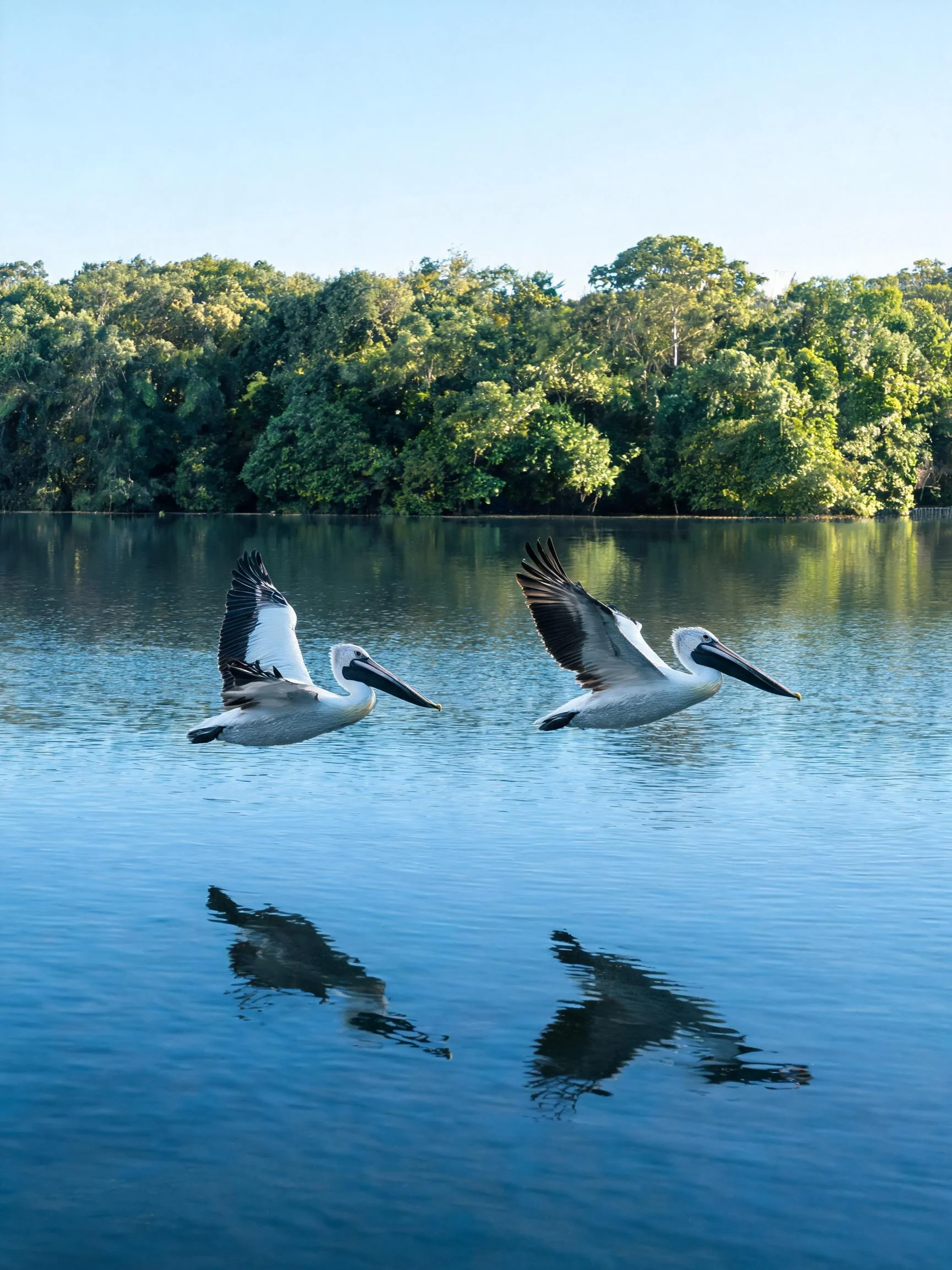 两只鹈鹕在湿地水域上方飞行,翅膀展开,羽毛颜色为白色与深灰色,水面有清晰的倒影。