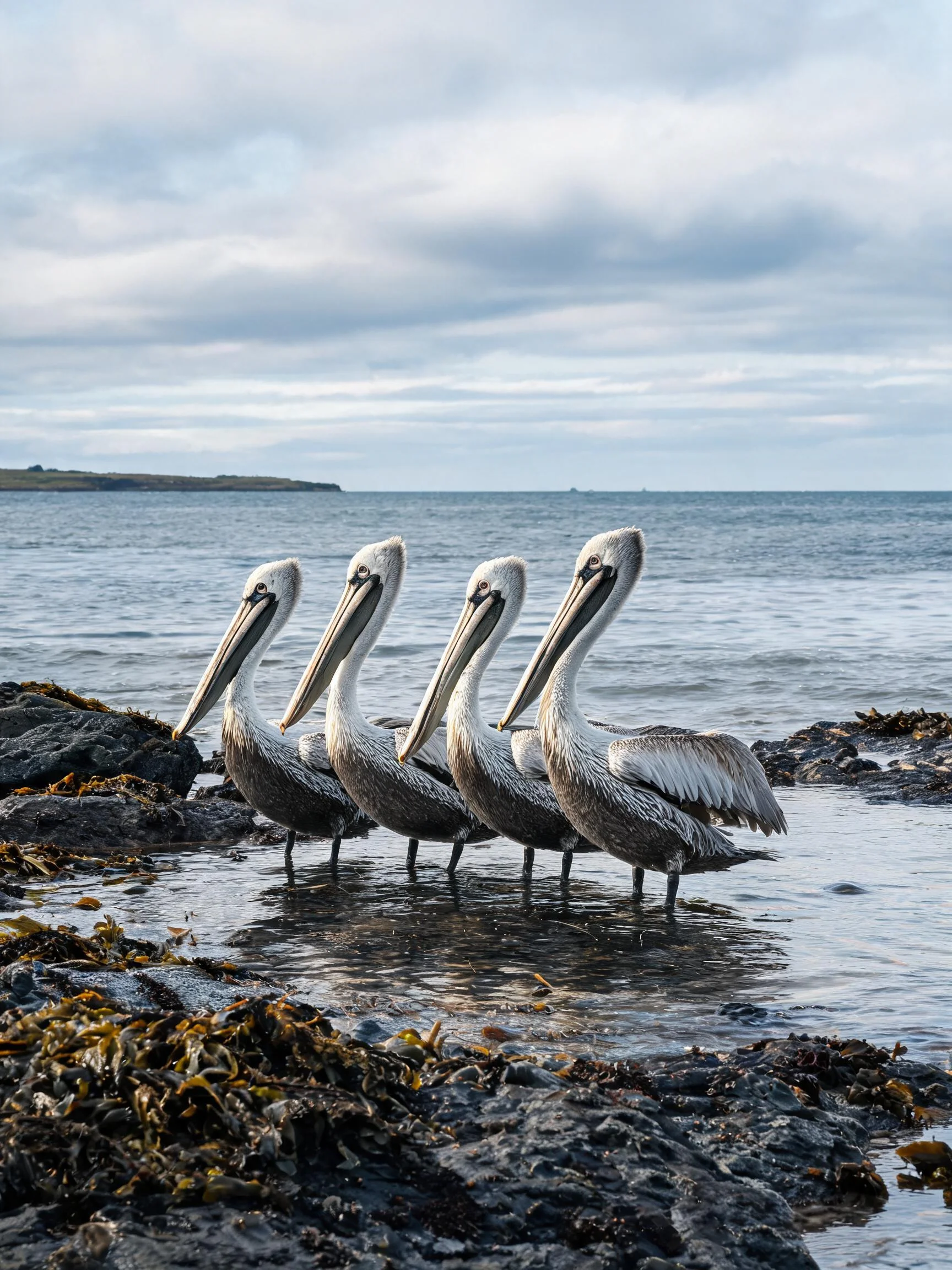 四只褐鹈鹕并排站立在浅水中,羽毛呈深褐色与白色相间,长喙向前伸展,水面有礁石倒影。