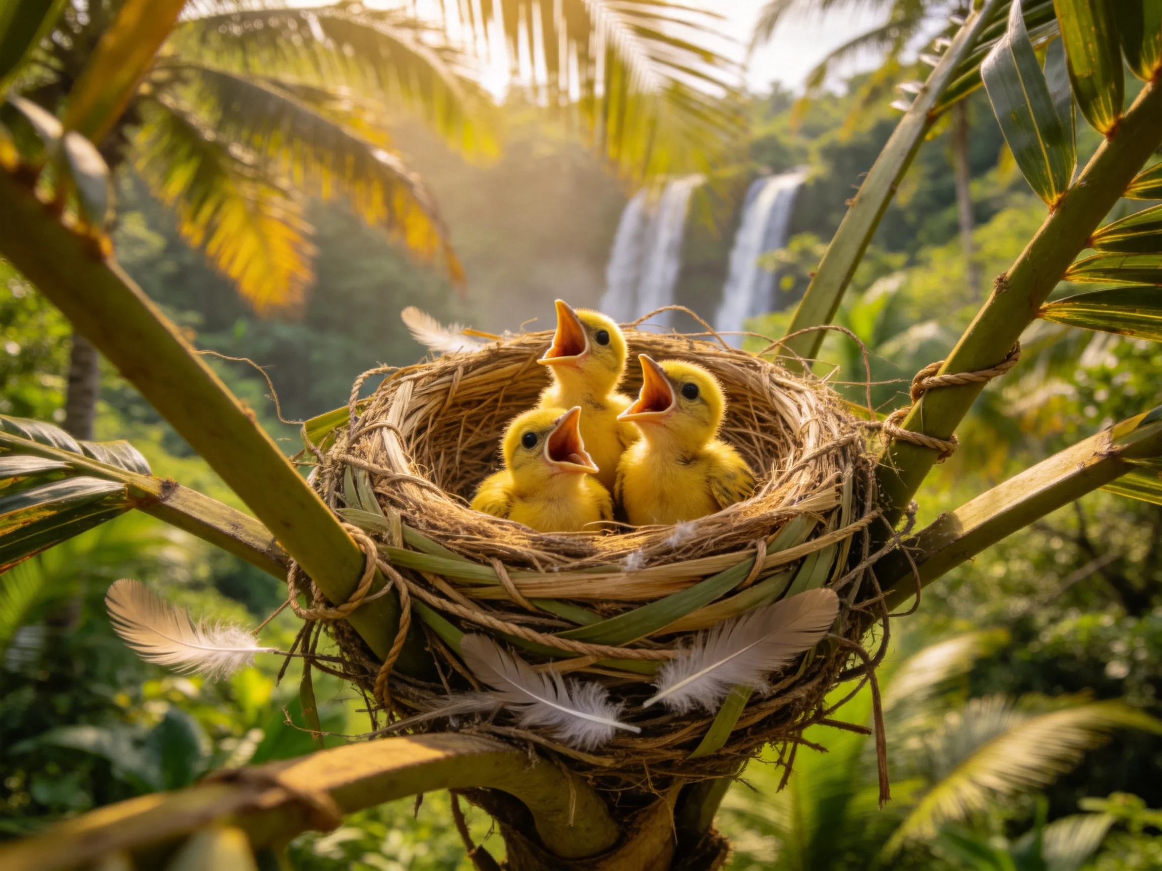 三只幼年雀形目小鸟聚集在带有羽毛装饰的草茎鸟巢内,羽毛柔软蓬松。