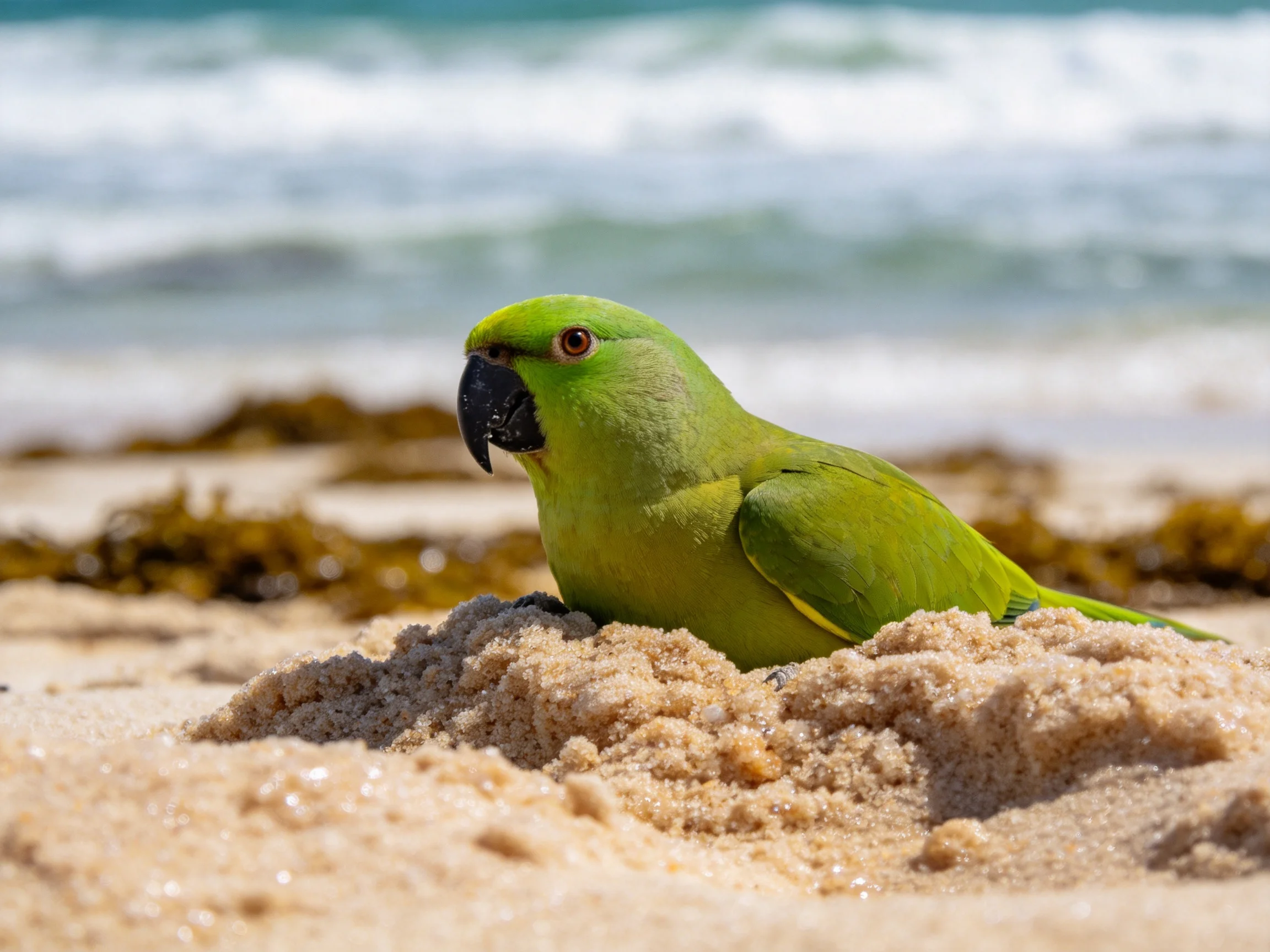 环颈鹦鹉安静栖息在沙滩沙地上,黑色的喙部与鲜绿色的羽毛形成鲜明对比。