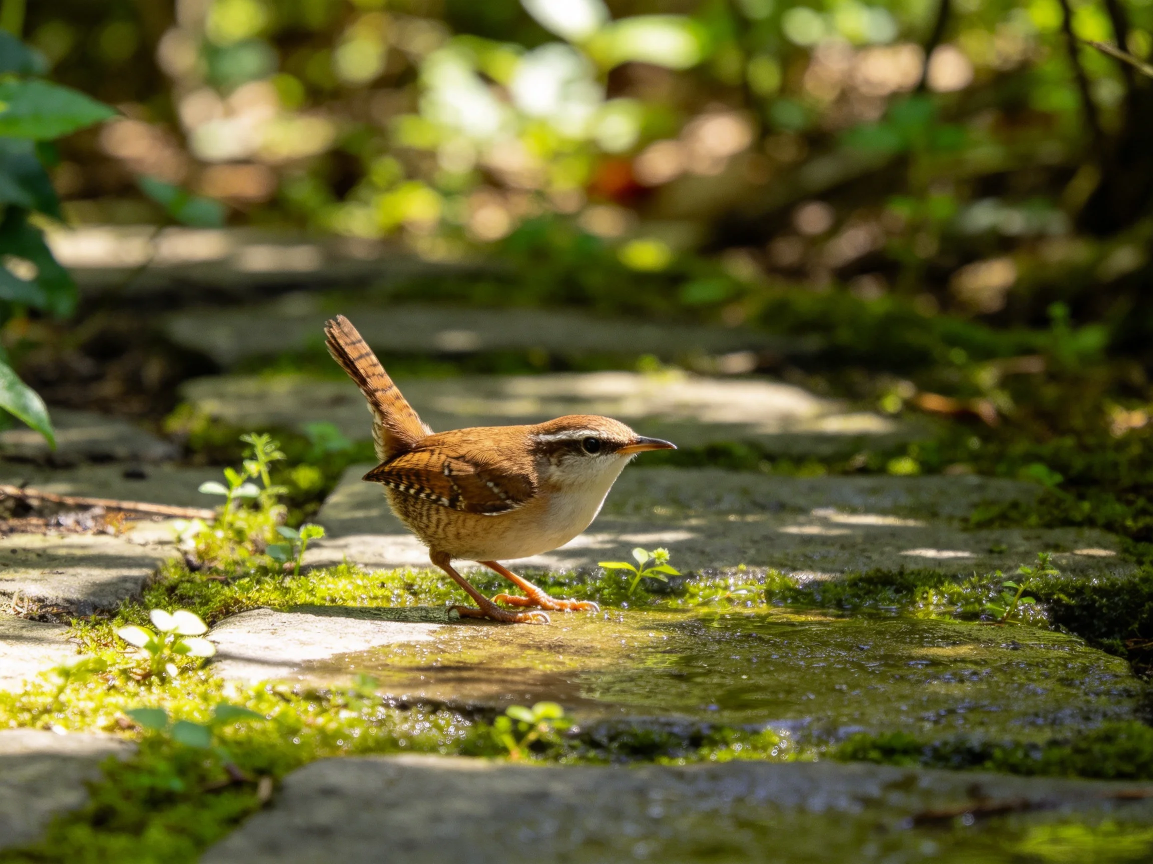 家鹪鹩在长满青苔的石板上行走,羽毛呈现暖棕色与白色相间的纹理,姿态警觉。