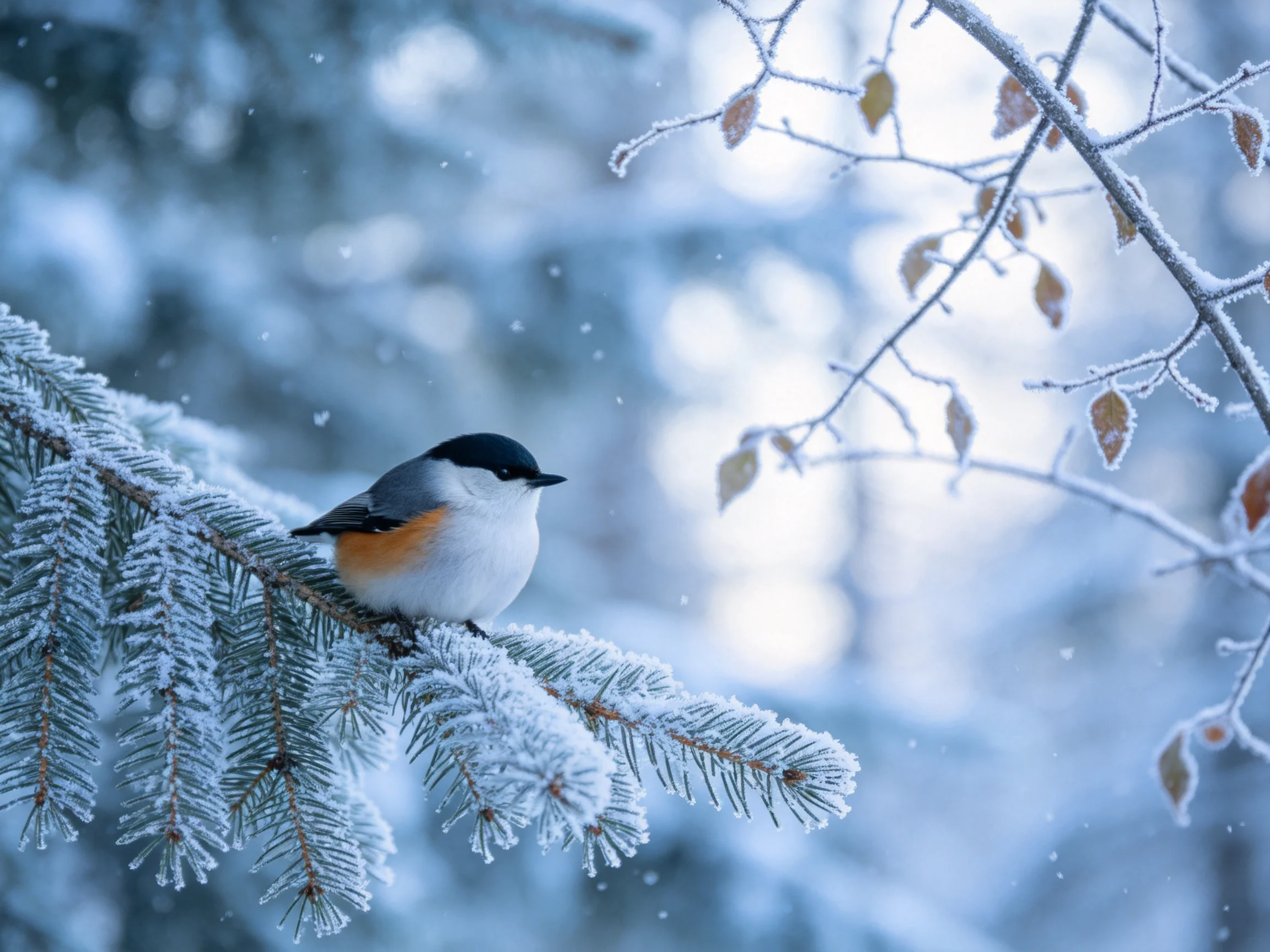 红胸䴓栖息在覆雪的松枝上,黑色头顶与白色脸颊清晰可见,胸部呈现出暖橙色。