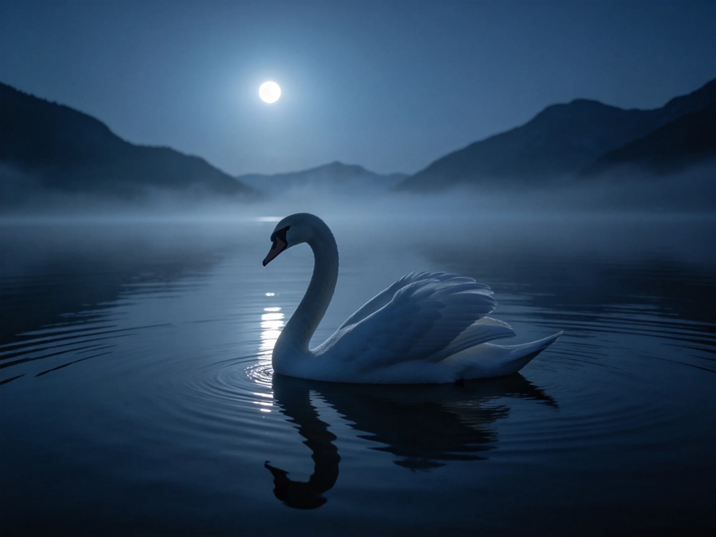 湖面月夜中,一只羽毛洁白的疣鼻天鹅在水面游动,水面倒映着天鹅身影与月光。
