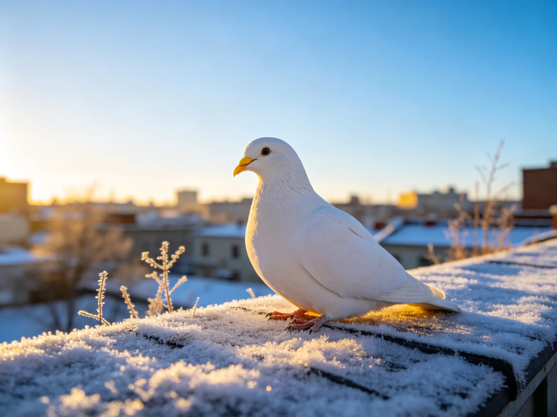 白羽原鸽安静栖息在积雪覆盖的阳台边缘,黄色喙和橙色爪子清晰可见。