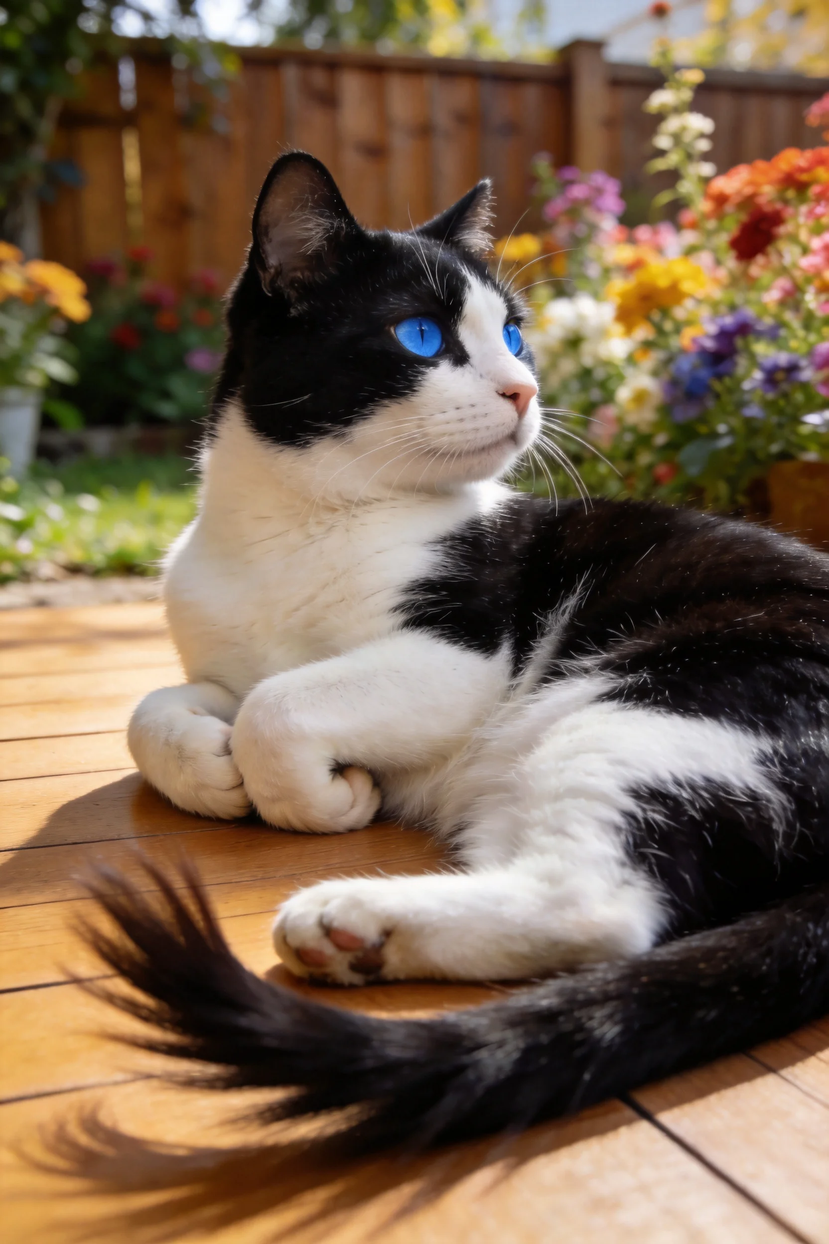 短毛家猫有着黑白相间的毛发和明亮的蓝色眼睛,正安静地趴在阳台木板上,周围是色彩绚丽的花园花卉。