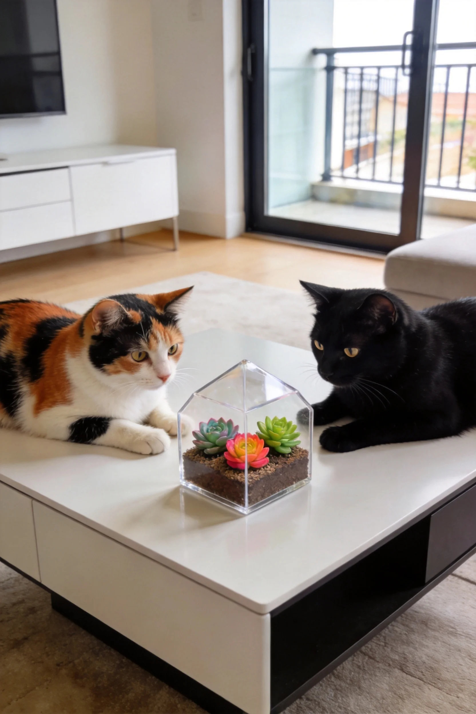 三色短毛家猫与纯黑短毛家猫一起注视透明容器中形态各异的多肉，三色猫眼部明亮，纯黑猫毛发顺滑。