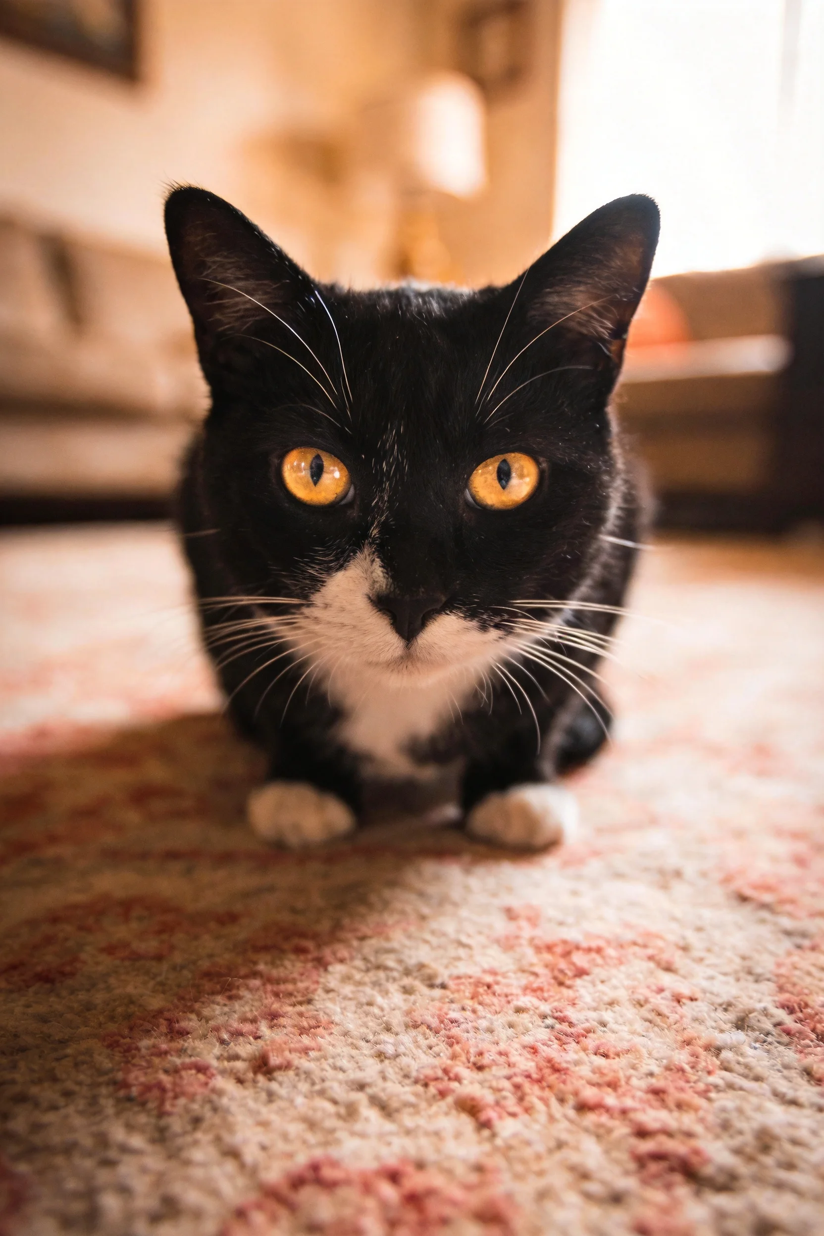 短毛家猫,黄色眼眸注视镜头,白色胸部与黑色身体形成鲜明对比,胡须细长。