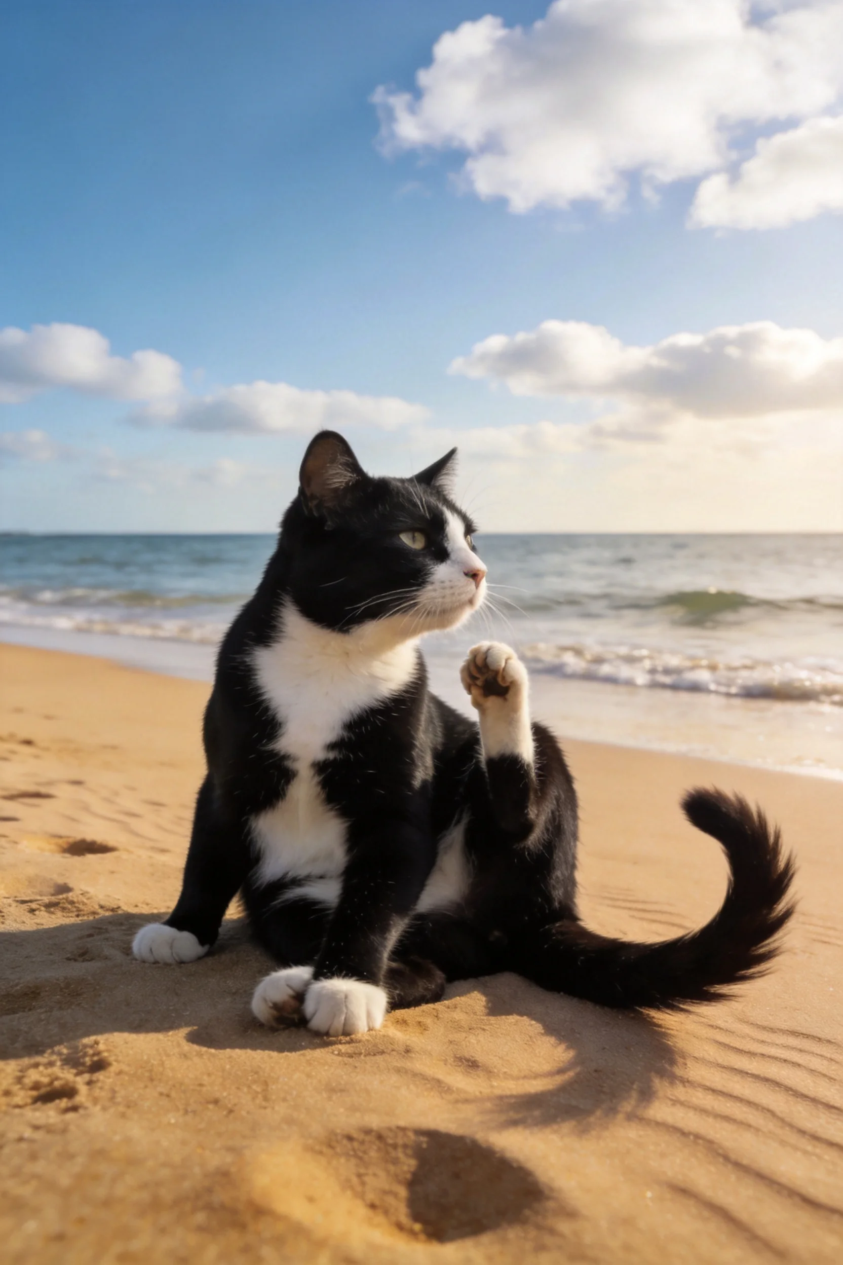 海滩沙地上的黑白短毛家猫,抬爪凝视远方,黑白相间的皮毛清晰可见。