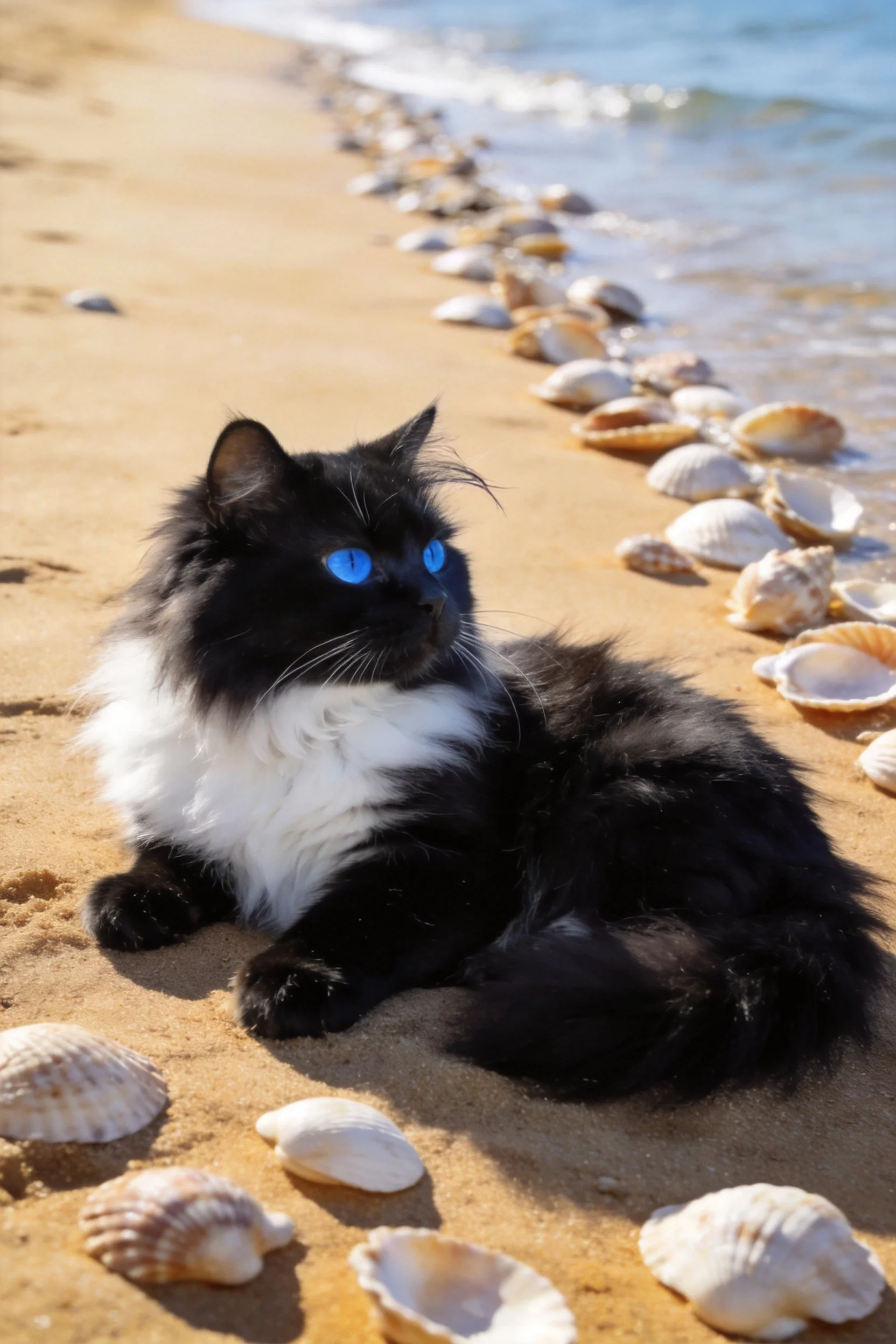 沙滩上的双色长毛猫有着蓬松的黑白色毛发和明亮的蓝色眼睛,周围散落着各种海贝壳。