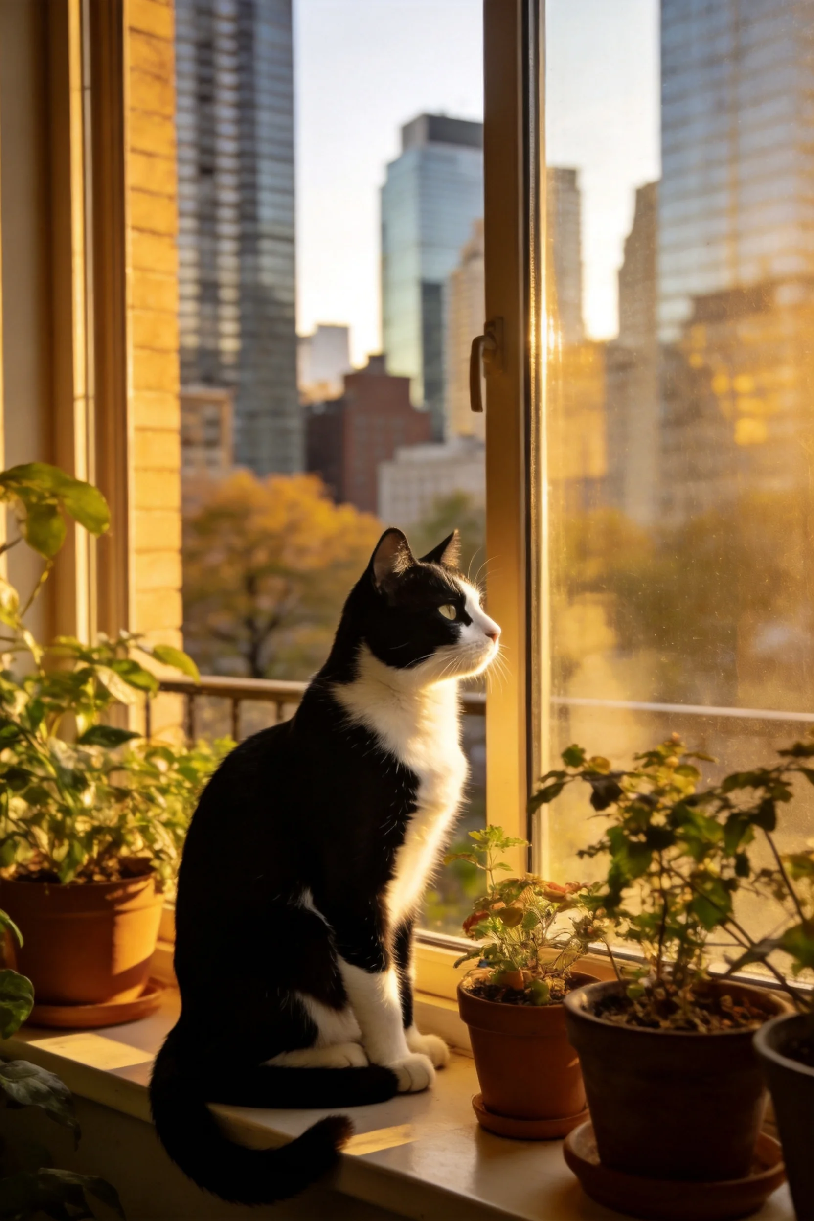 一只黑白短毛家猫安静地坐在窗台上,皮毛在暖光下显得柔软,正专注地凝视着窗外景象。