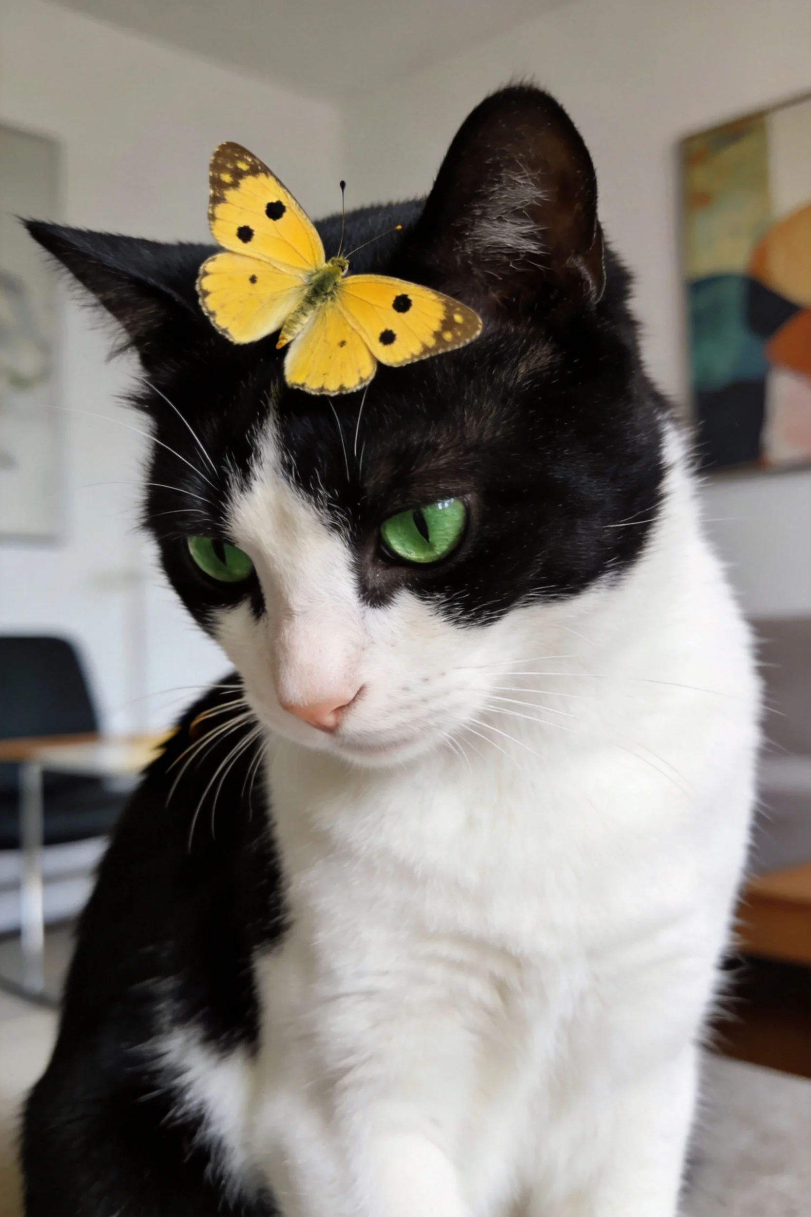一只绿色眼睛的黑白短毛家猫,头顶有一只黄色带黑斑的蝴蝶停,猫咪姿态平静。