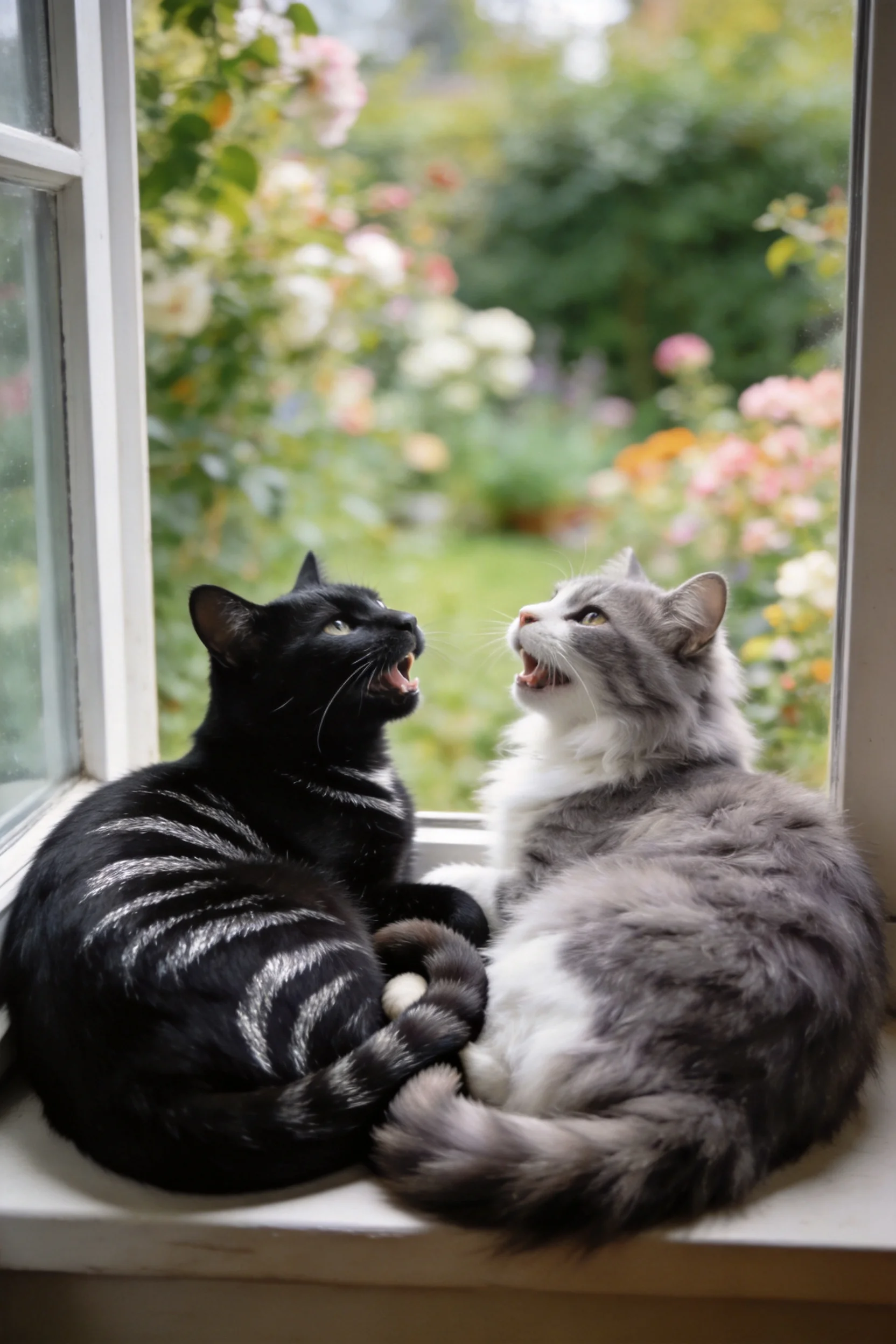 黑色短毛家猫与灰白长毛家猫在窗台上,短毛家猫带有条纹花纹,长毛家猫毛发蓬松,二者相互对视。