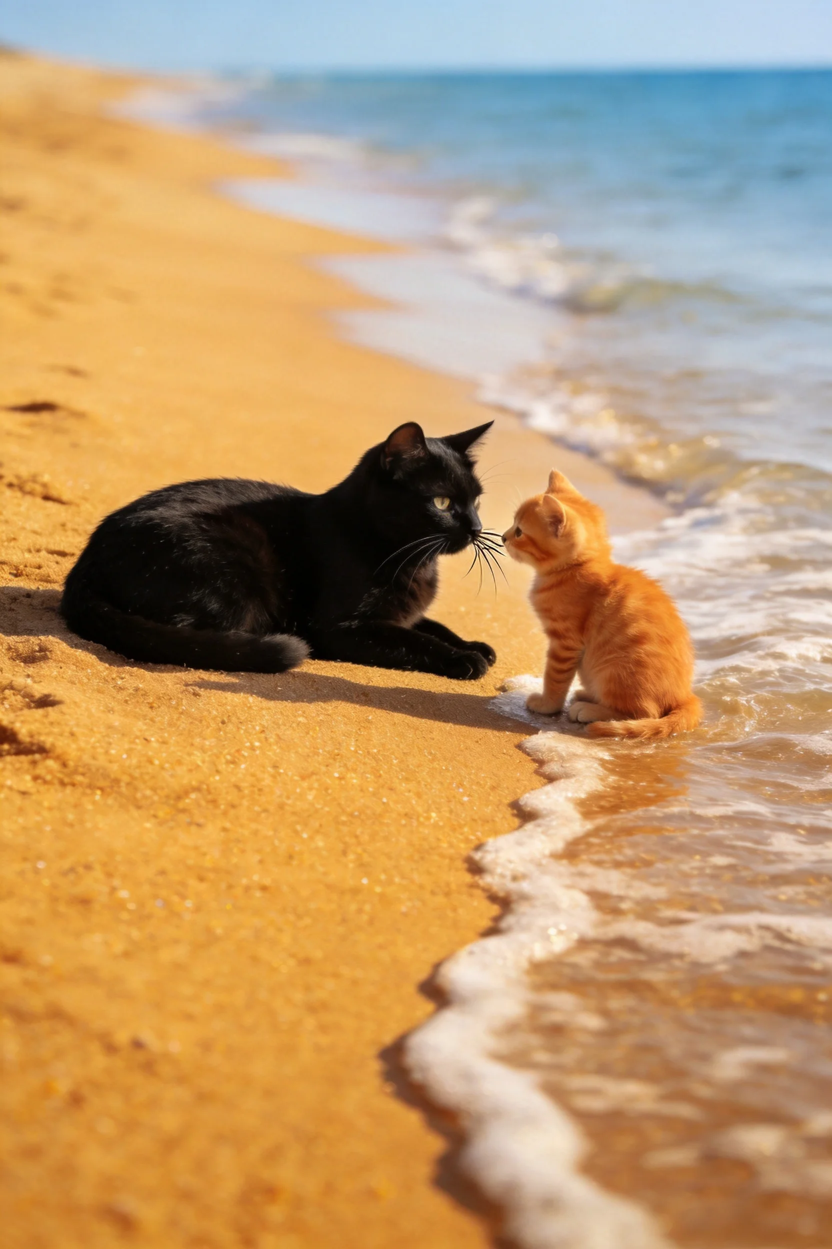 黑色短毛家猫与橘色短毛小猫在沙滩水边互相注视,皮毛清晰可见。