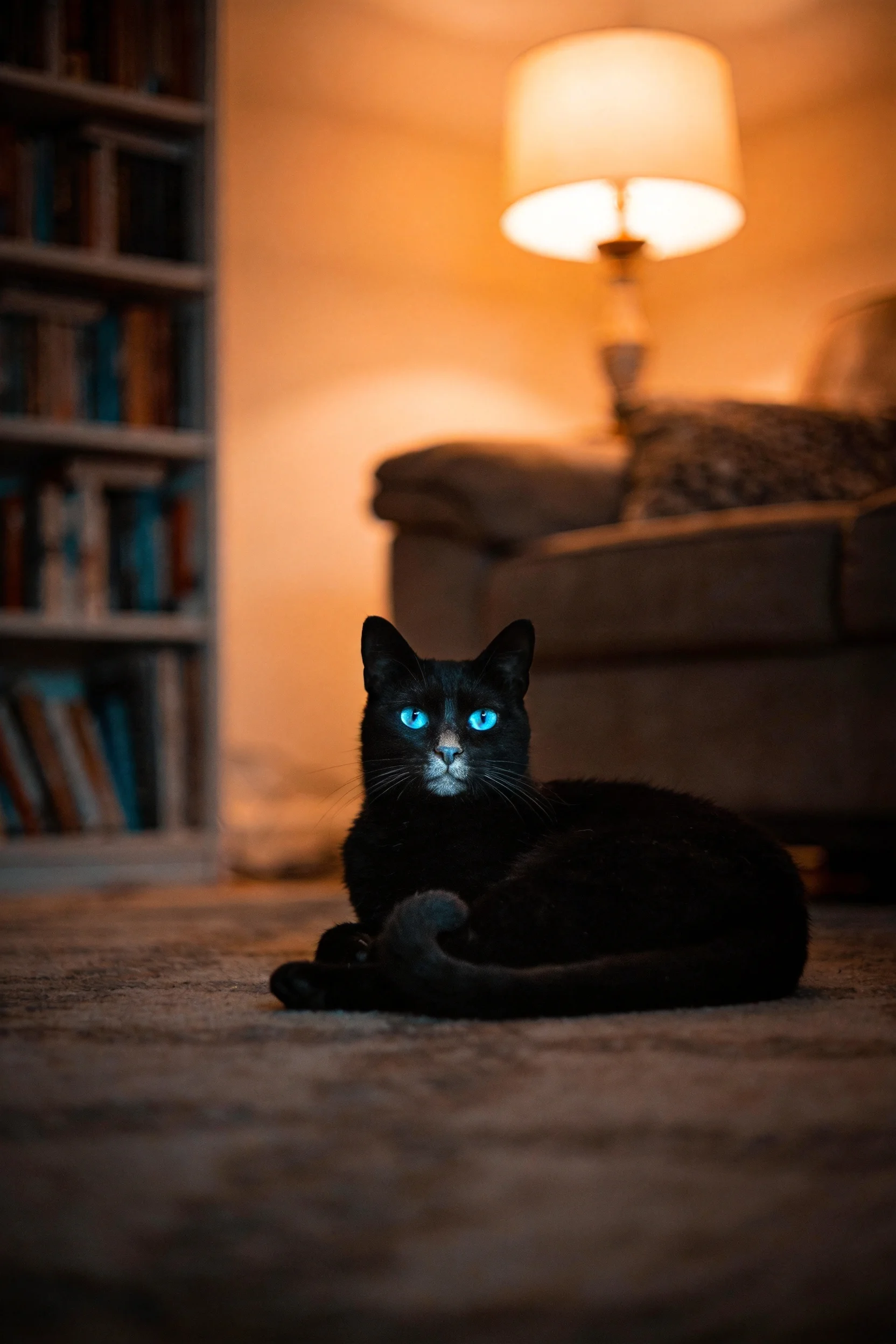 短毛黑猫安静趴卧,眼睛有蓝色反光效果,身处暖光布置的室内空间。