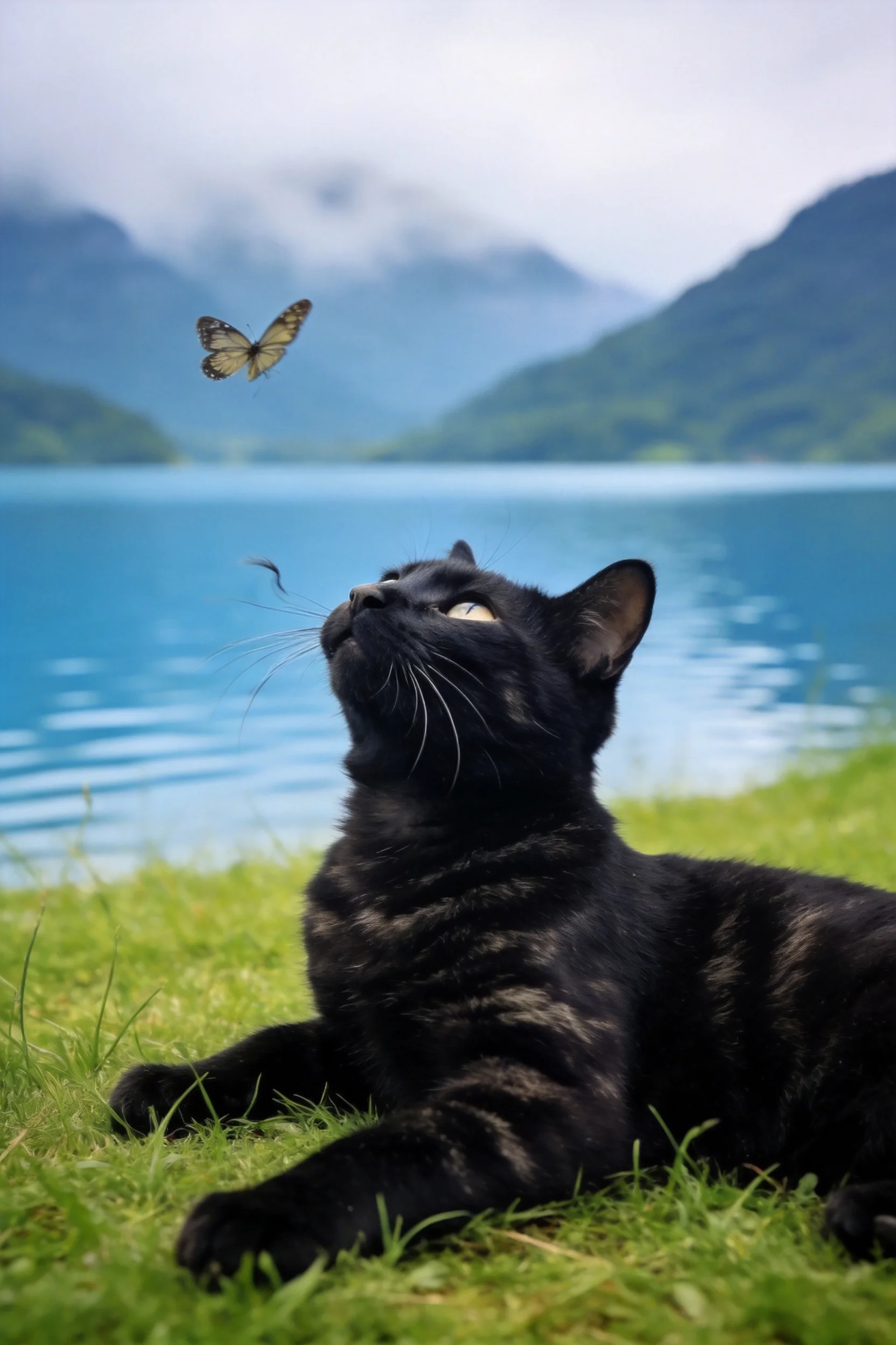 黑虎斑短毛猫眼神专注地凝视空中飞舞的蝴蝶,皮毛纹理清晰可辨。