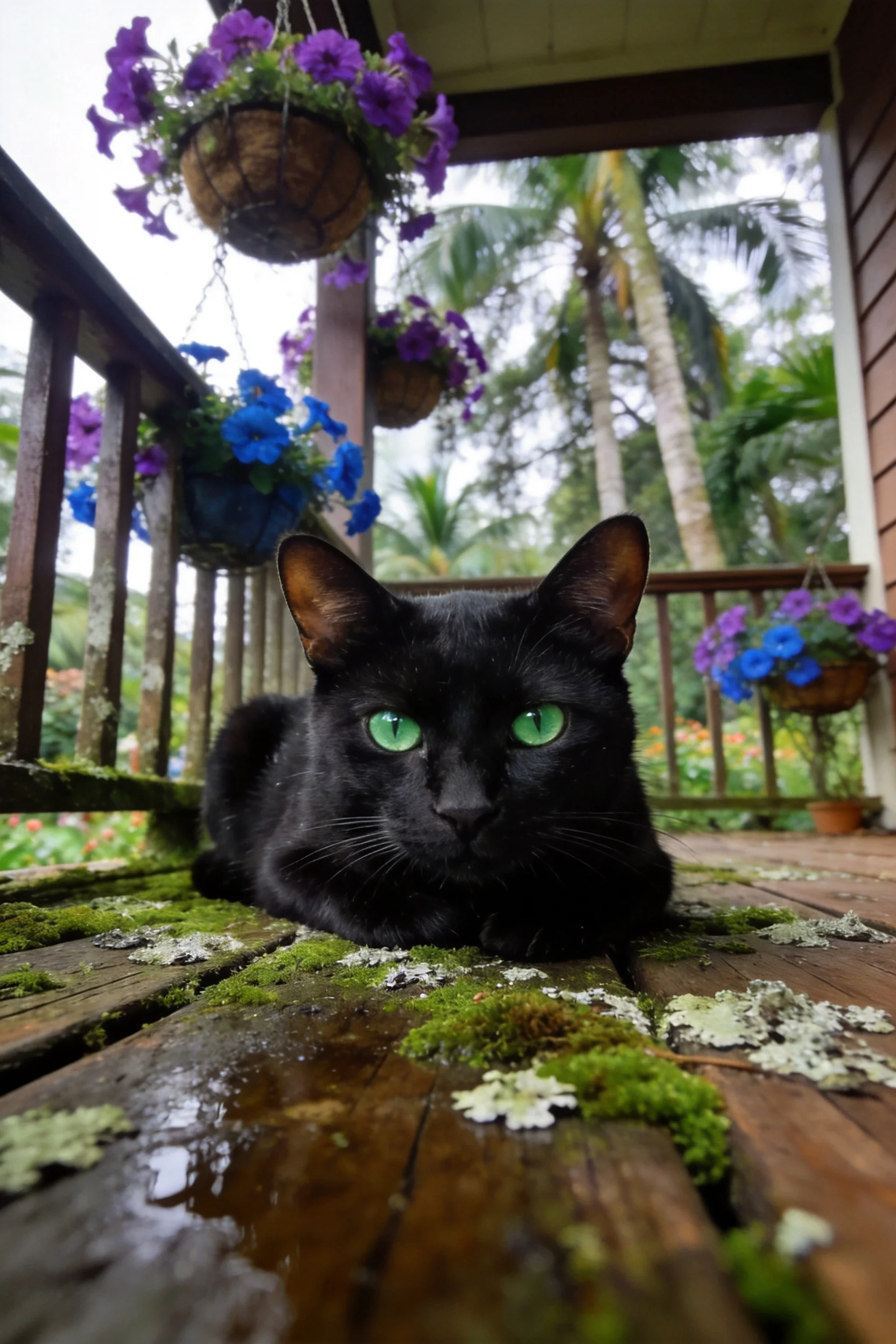 翠眼短毛家猫安静趴在长满青苔的木质平台上，皮毛乌黑有光泽。