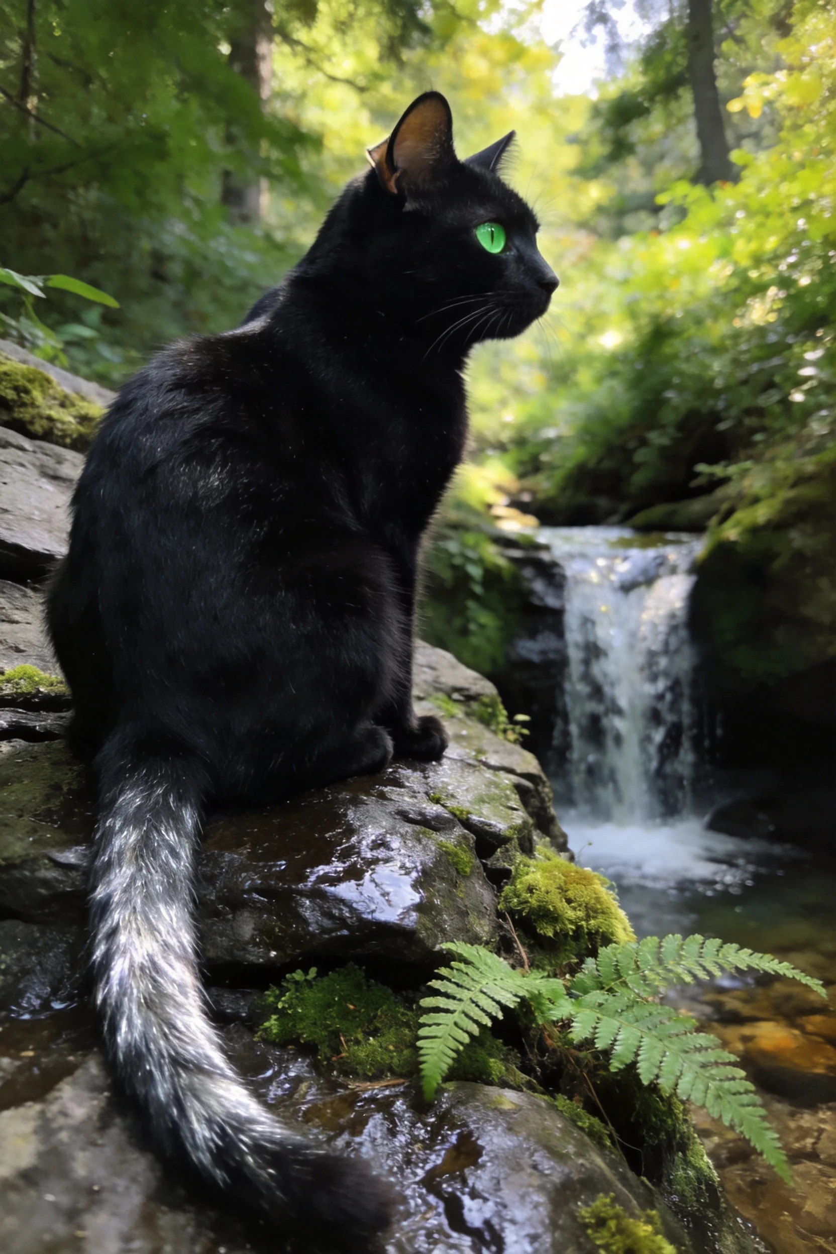 短毛家猫有着乌黑皮毛和明亮绿色眼睛,正坐在湿润岩石上朝向瀑布方向凝视,尾巴末端有银灰色渐变。