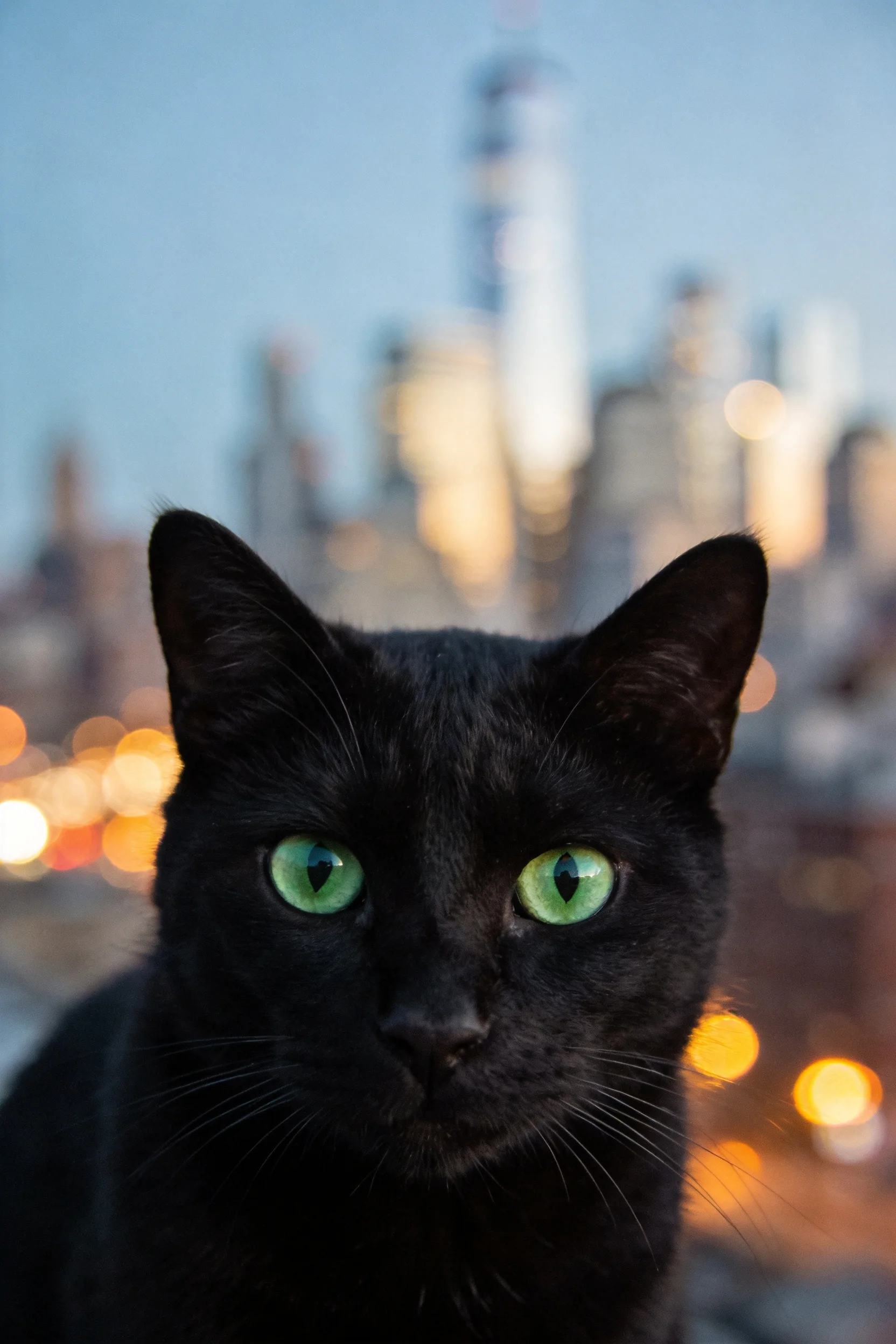 短毛家猫,绿色眼睛明亮有神,黑色皮毛光滑,安静注视前方。