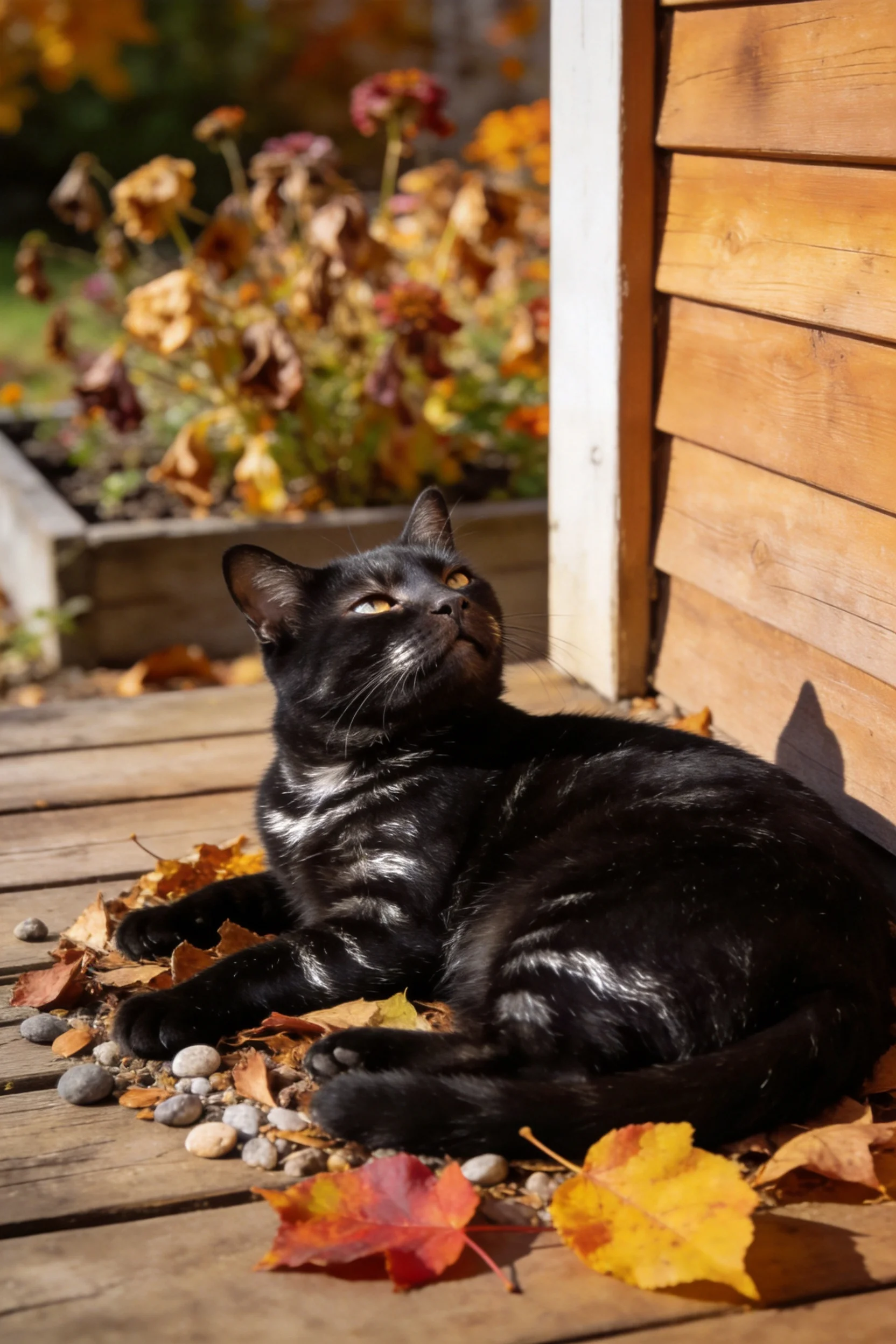 短毛家猫抬头仰望,身体有黑白斑纹,周围是秋日落叶和石子。