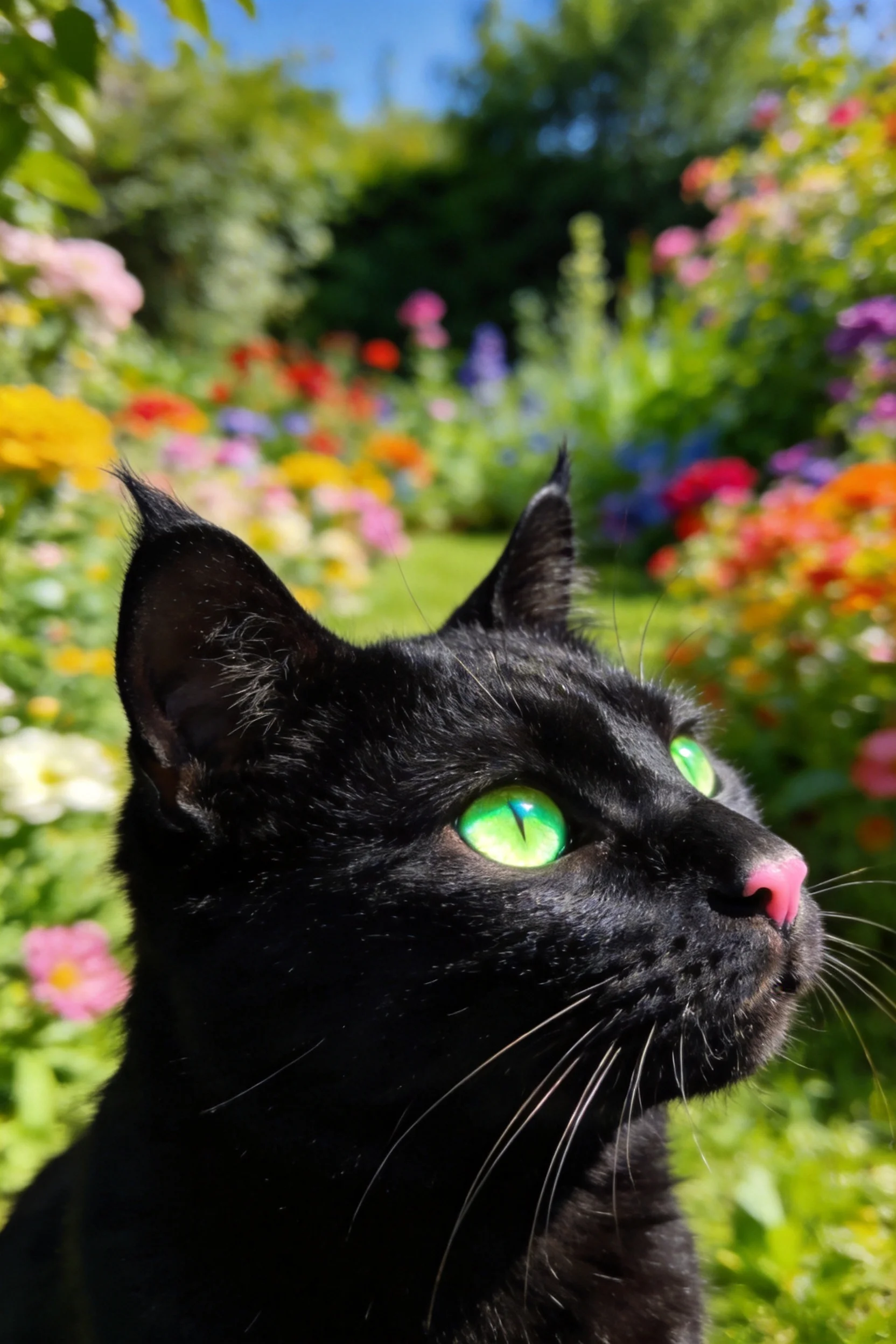 短毛家猫有着乌黑的被毛与明亮的翠绿眼睛,目光专注地凝视着远方。
