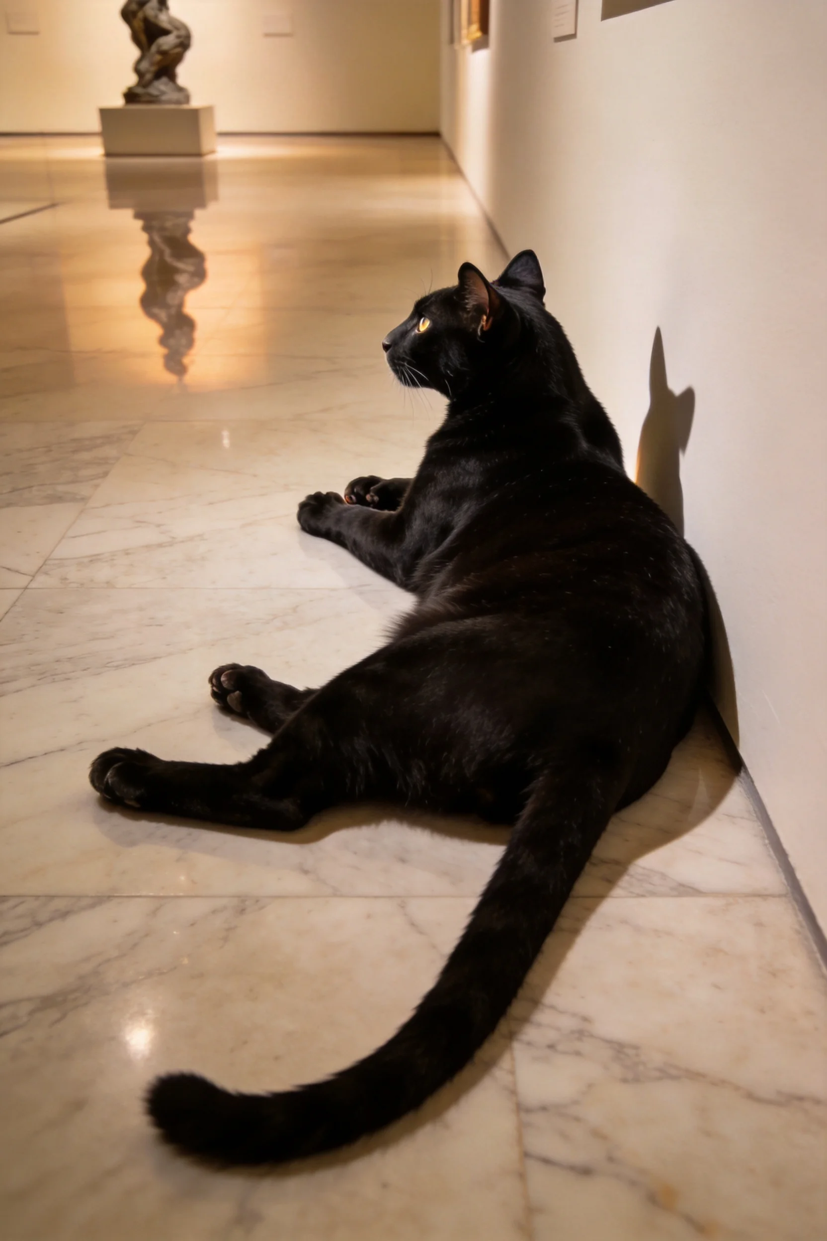 短毛黑猫趴在大理石地面上,黑色的皮毛油亮,黄色的眼睛注视着远方。