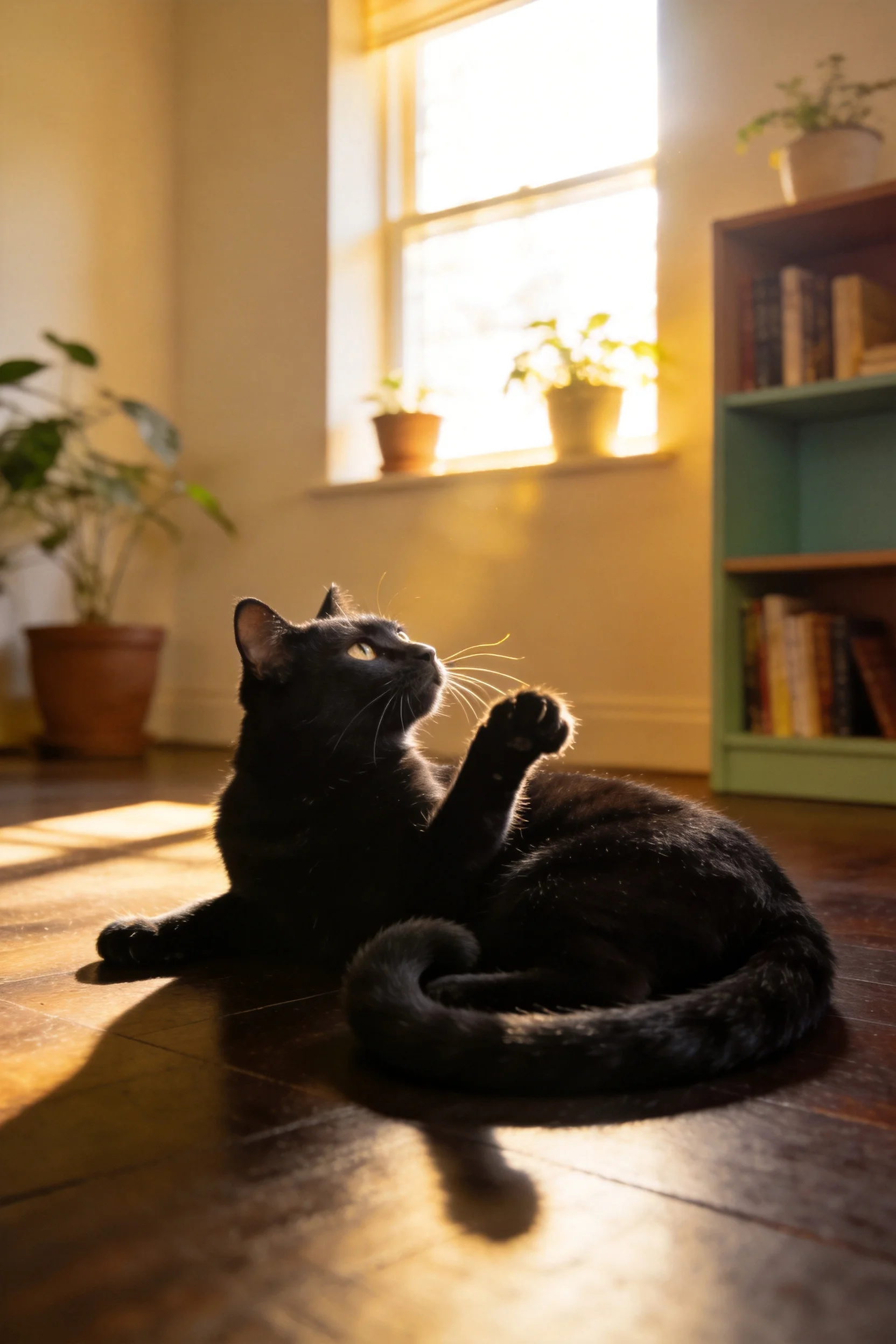 短毛黑猫抬头注视上方,皮毛乌黑顺滑,身处阳光充足的室内环境。