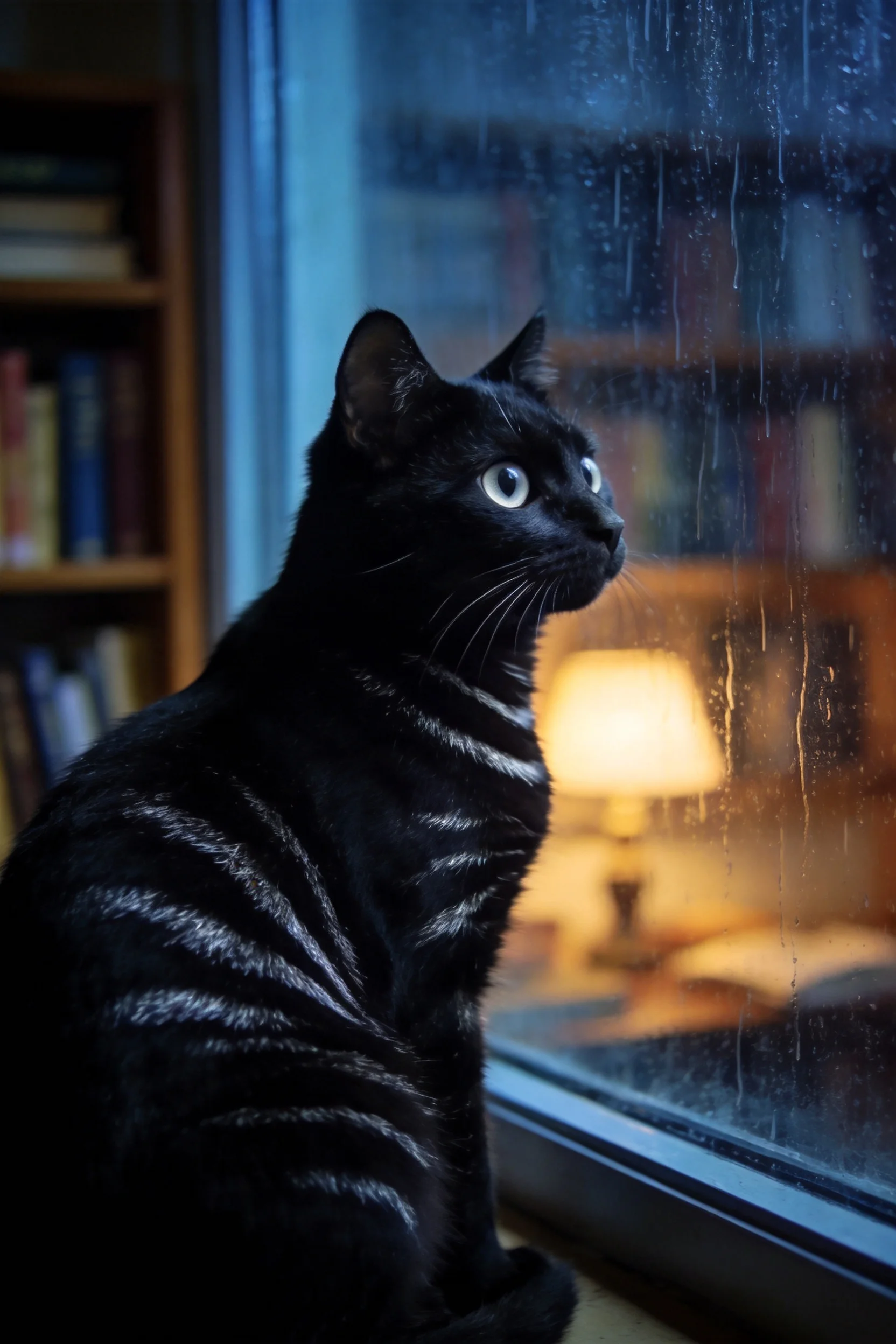 短毛家猫有着乌黑带银纹的被毛,正专注地看向窗外雨幕,眼睛明亮清澈。
