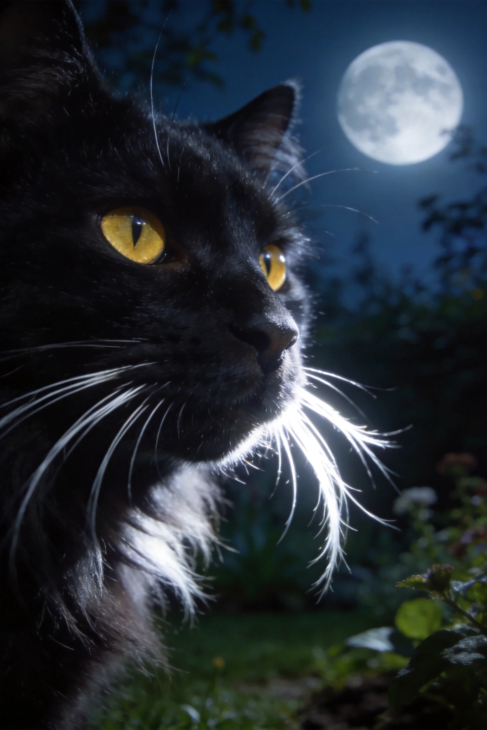 长毛家猫在月夜中凝视远方,其银白色胡须与黑色皮毛形成鲜明对比,黄色眼睛明亮清晰。