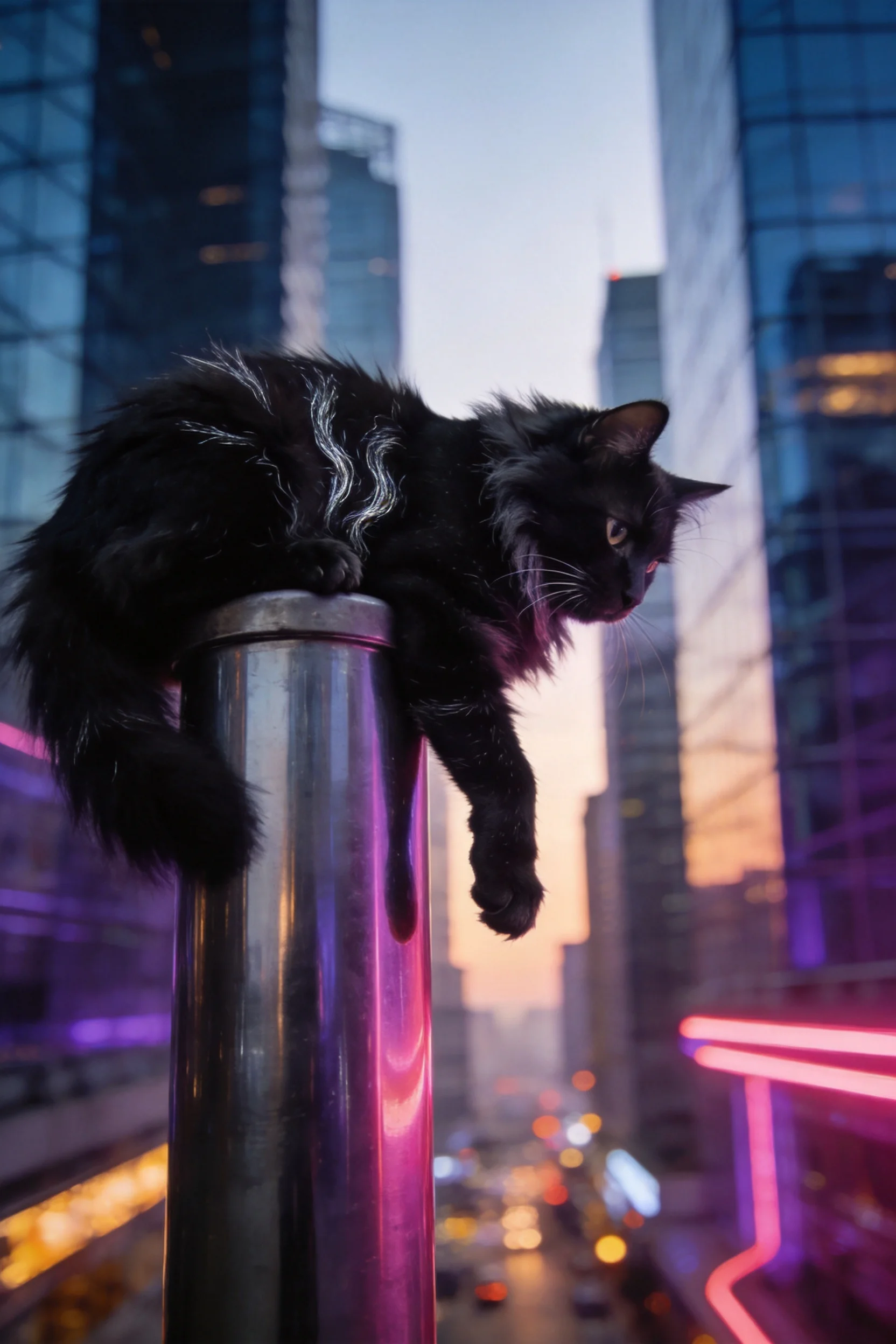一只带有白色斑纹的长毛家猫栖息在金属圆柱顶端,前爪搭在圆柱边缘。