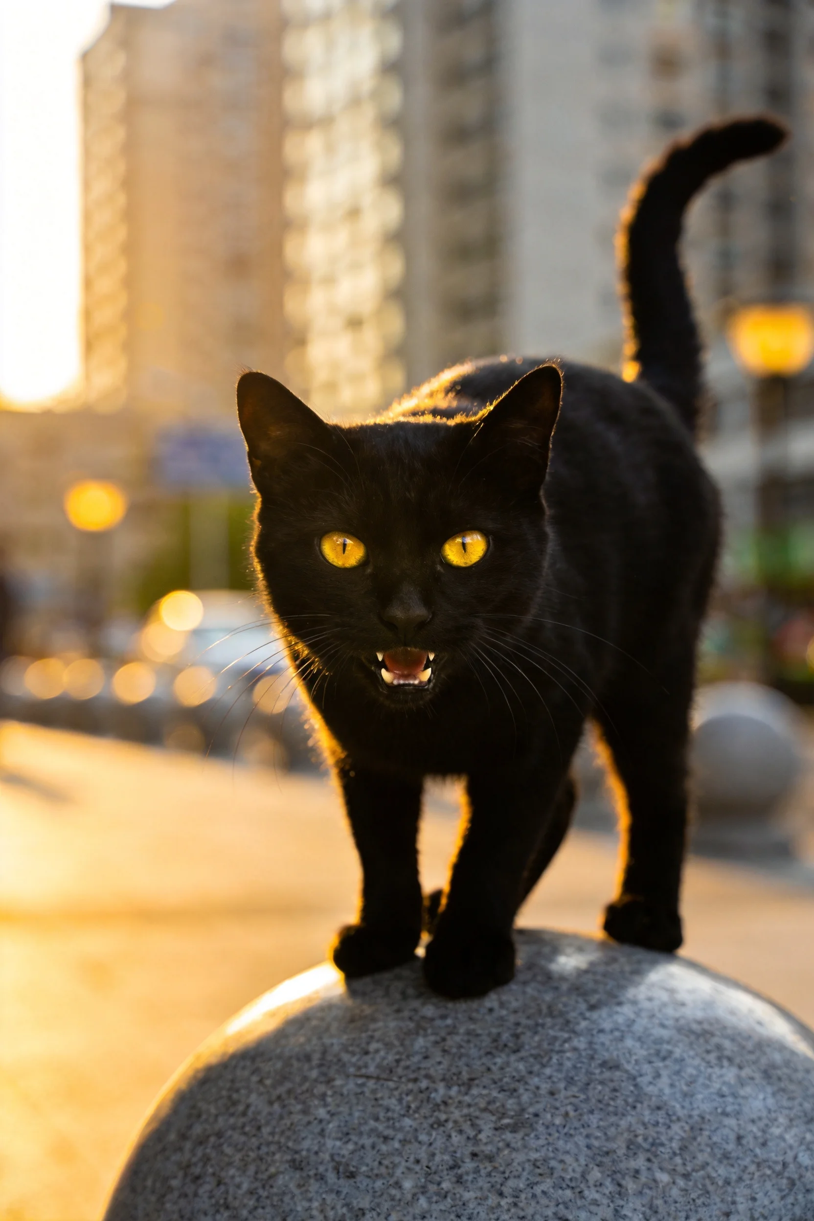 短毛家猫站在灰色石球上,黄色眼睛明亮有神,嘴巴微微张开。