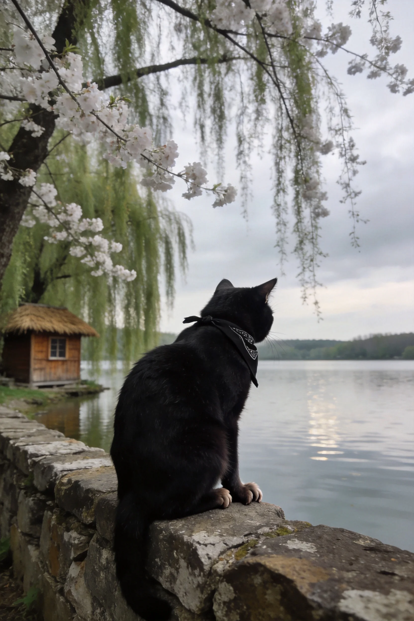 一只短毛家猫正安静地坐在石墙上,黑色的皮毛油光下显得油亮,目光投向远处的湖水。
