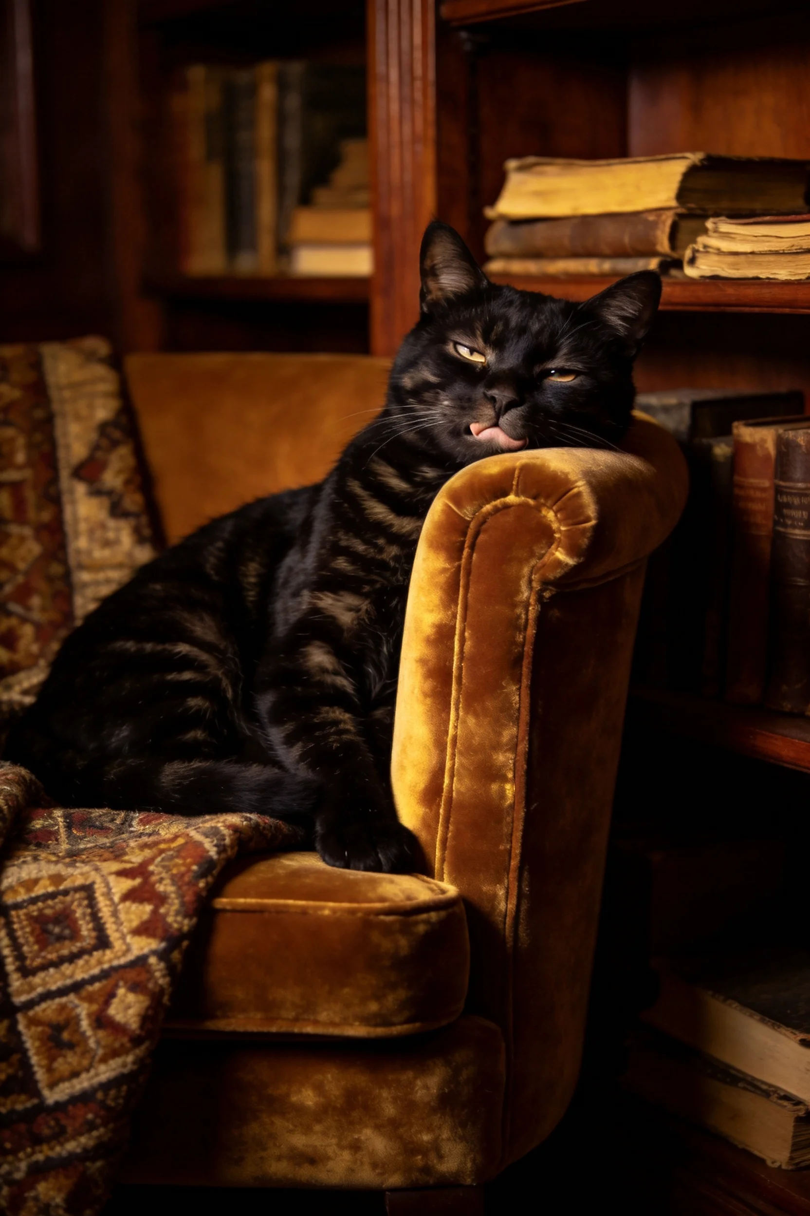 短毛虎斑猫皮毛呈深浅条纹,正静卧在复古绒面扶手椅上,头部轻靠在扶手处。