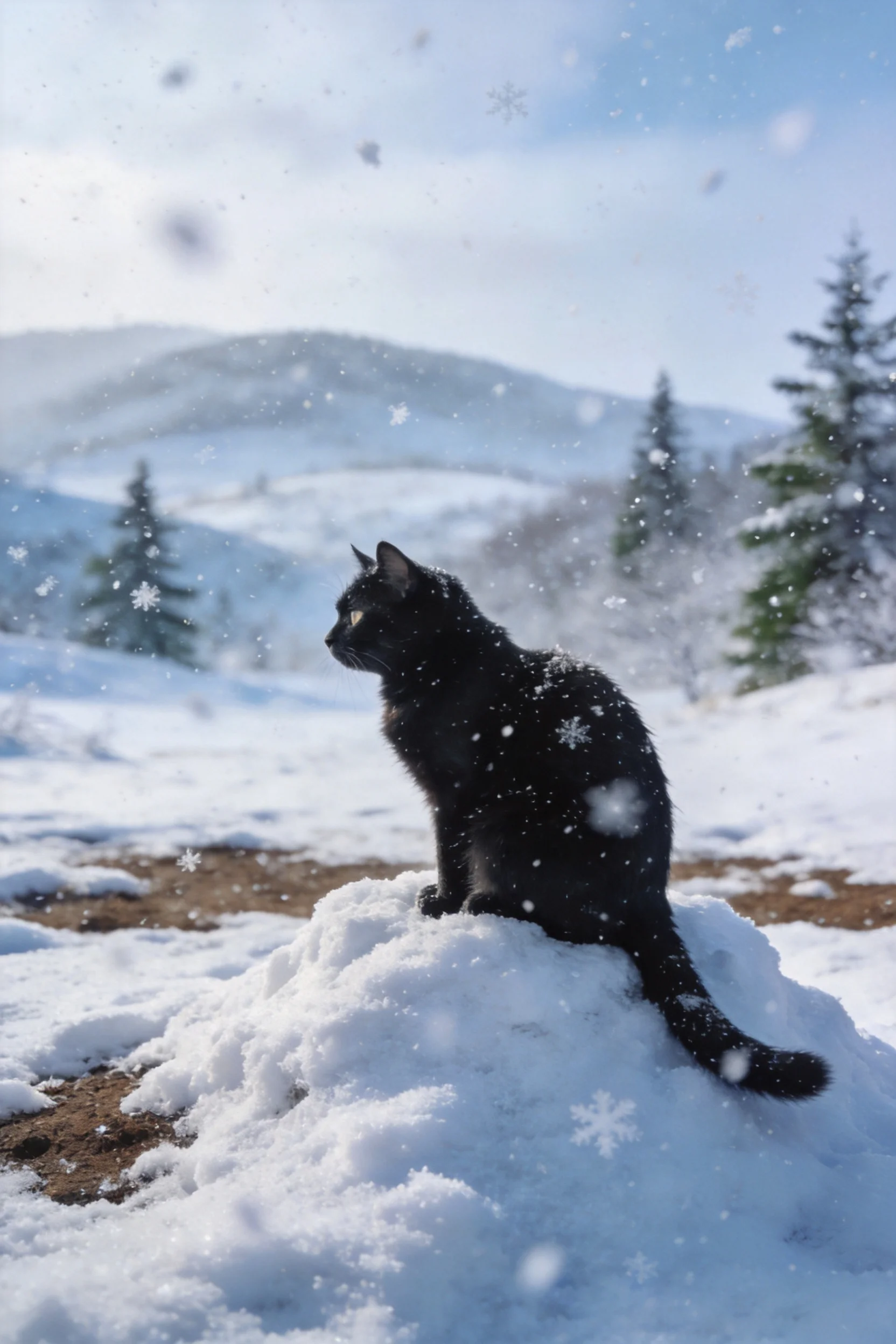 一只黑短毛家猫正安静地坐在积雪堆上,黑色的皮毛在雪地环境中清晰可见。