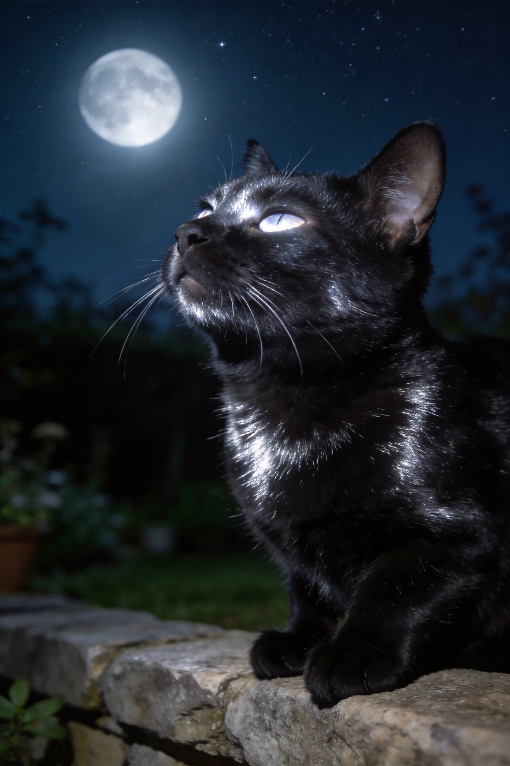 短毛家猫黑色皮毛带有光泽,抬头仰望天空,眼部呈现淡蓝色反光。