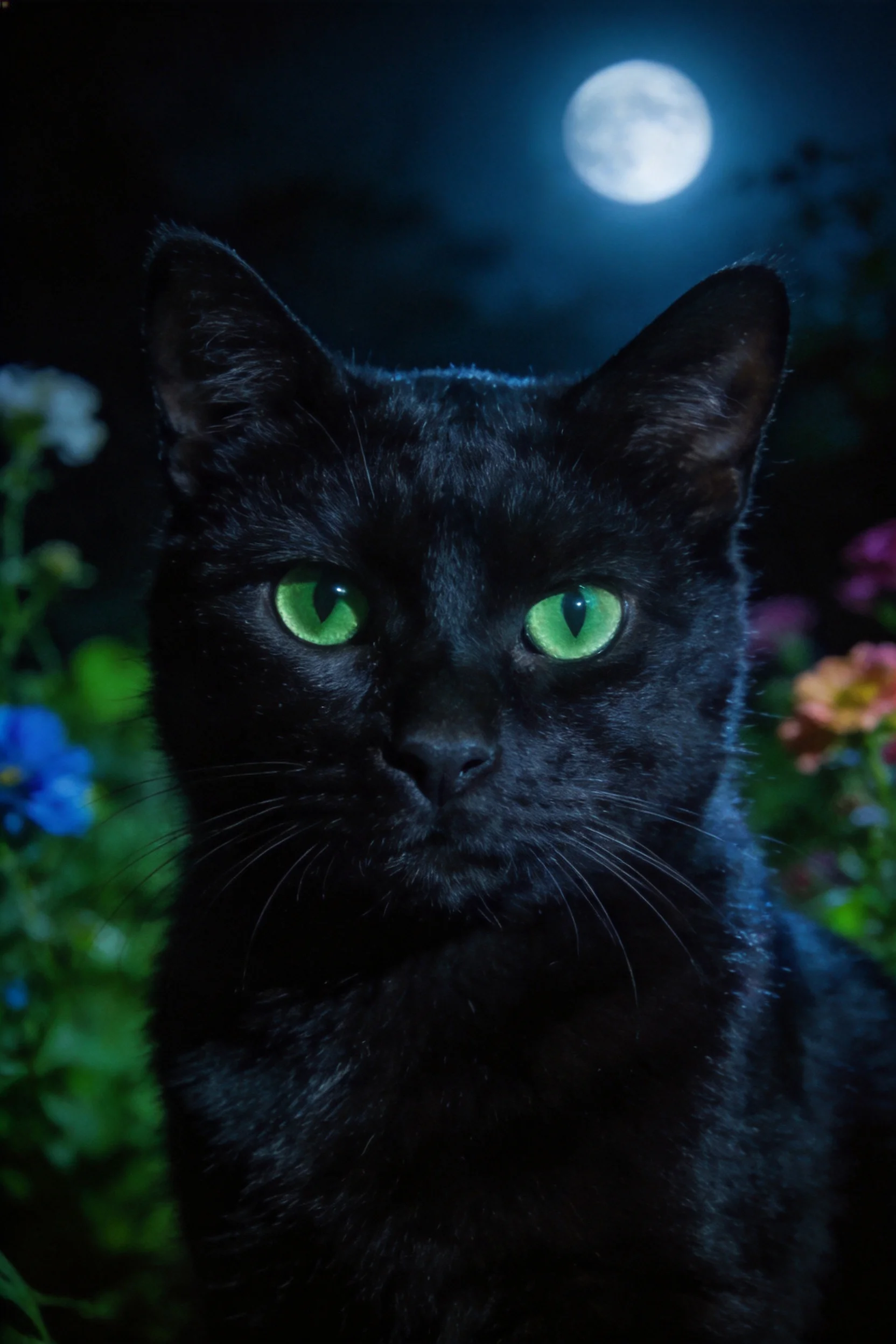 黑短毛家猫有着明亮的绿色眼眸,在月光下安静地位于花园中。