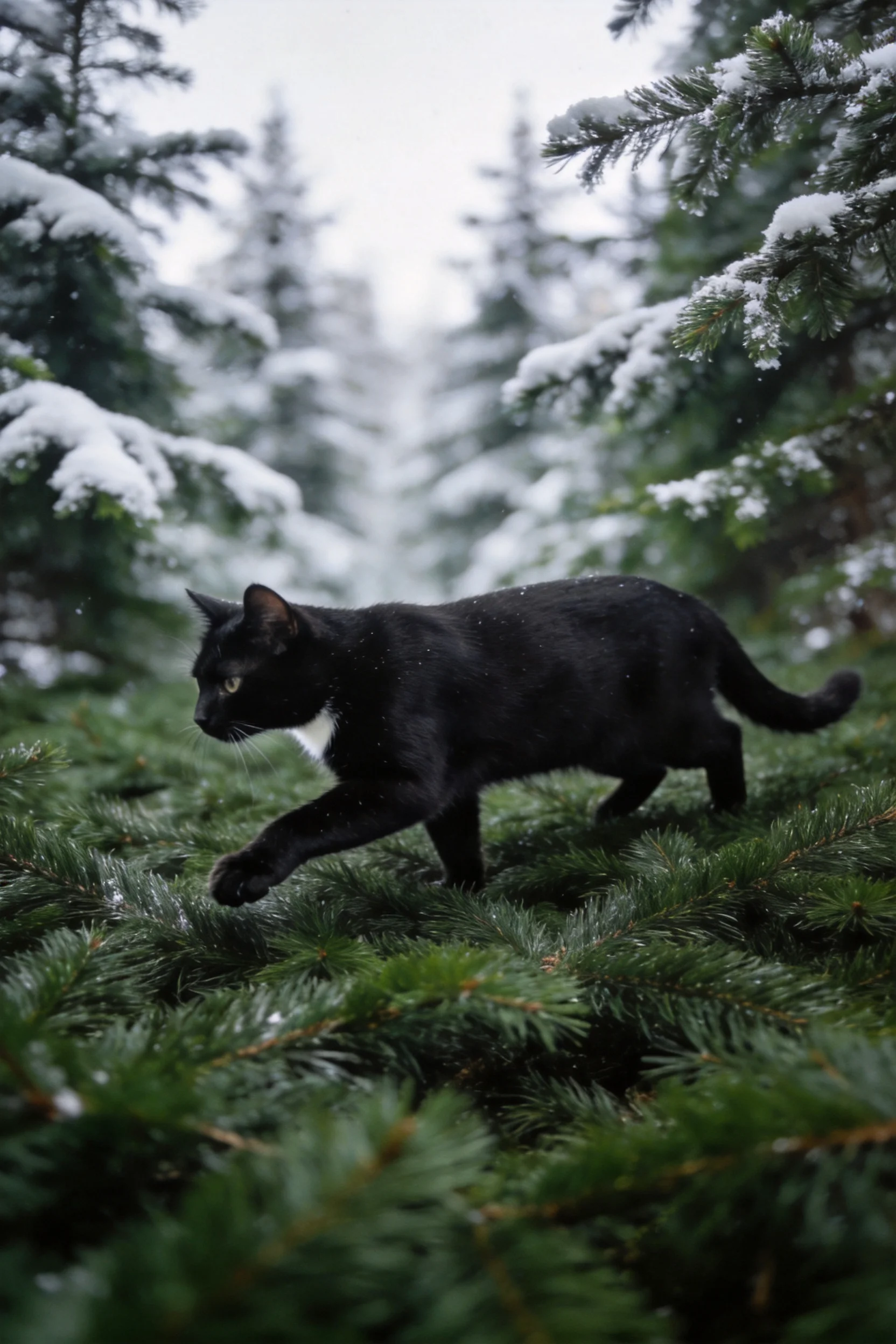 图中是一只短毛家猫,它有着黑色的皮毛,正迈步穿越被白雪覆盖的松枝。