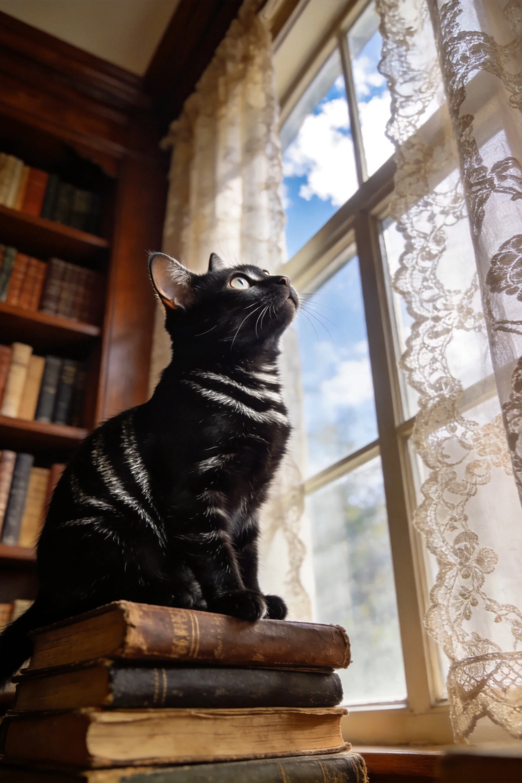 黑白斑纹短毛家猫抬头凝视,皮毛有清晰的白纹,坐在旧书堆上。