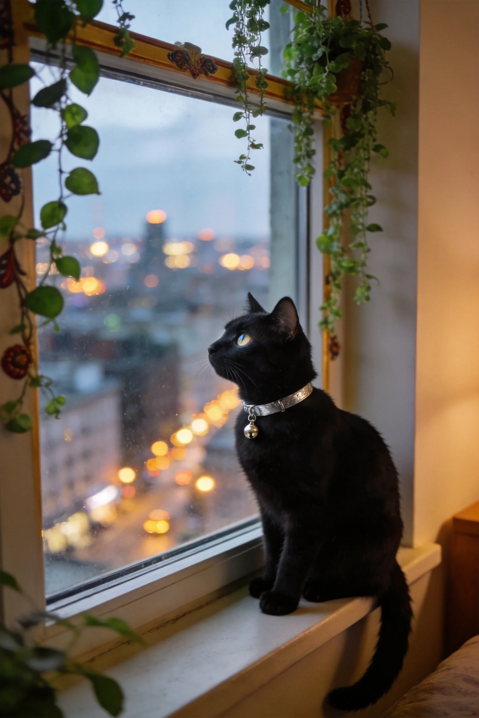 短毛黑猫蓝眼睛专注凝视,银色项圈上的铃铛清晰可见,黑色被毛光滑有光泽。