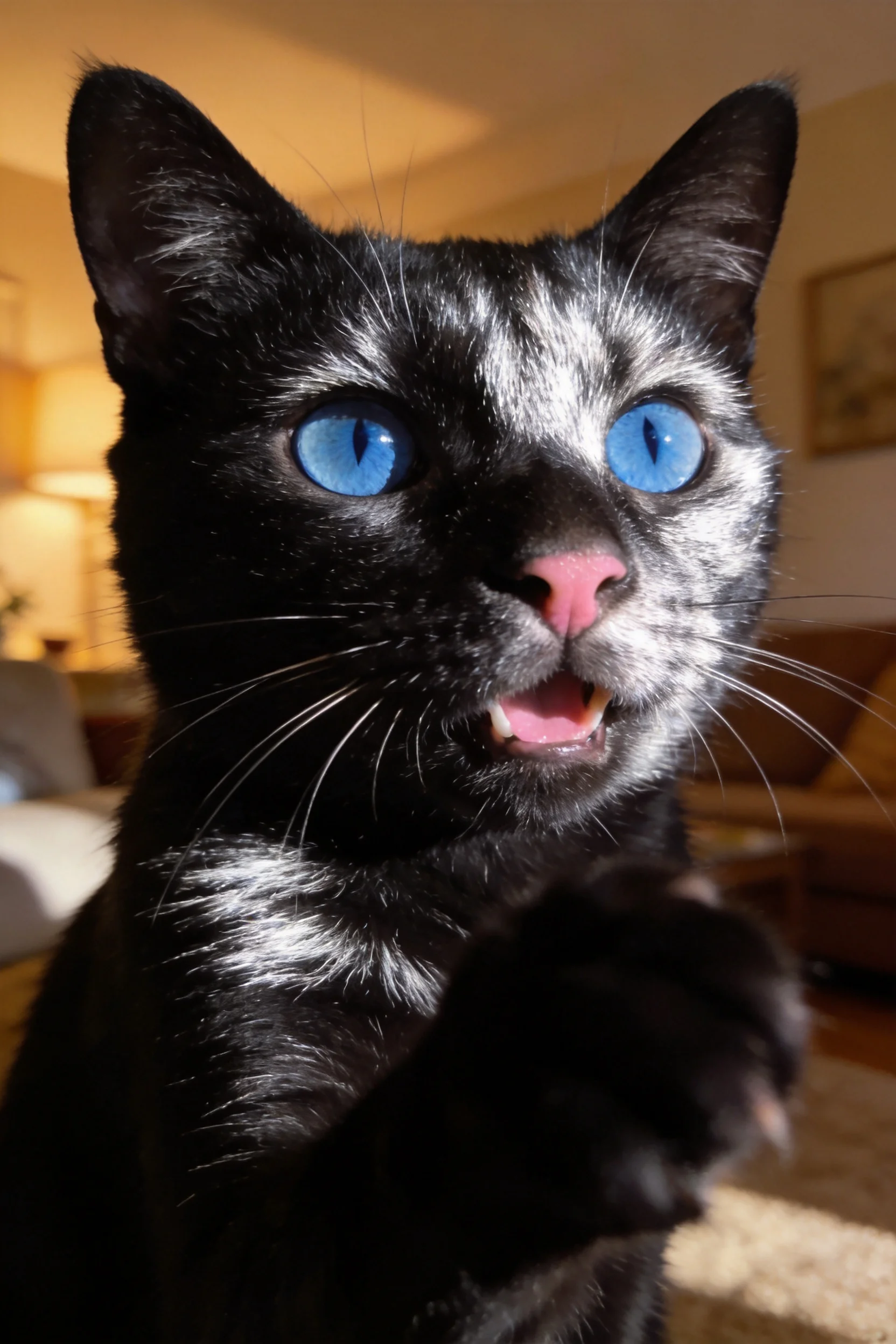 蓝眼黑白短毛家猫,有着清澈的蓝色眼睛和独特的黑白色毛色,嘴巴微张呈现出专注的姿态。