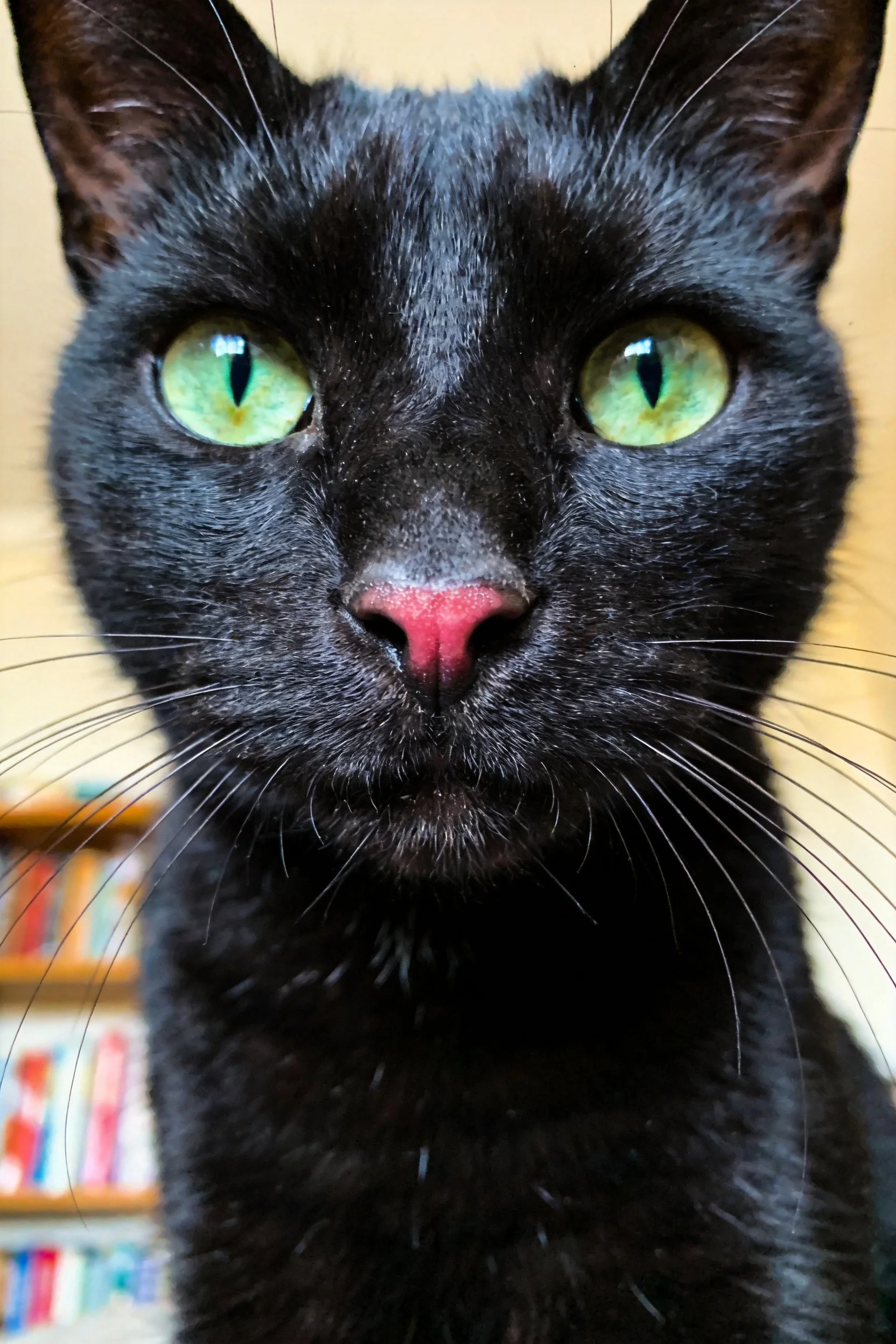 一只短毛家猫，有着乌黑光滑的被毛和明亮的绿色眼睛。