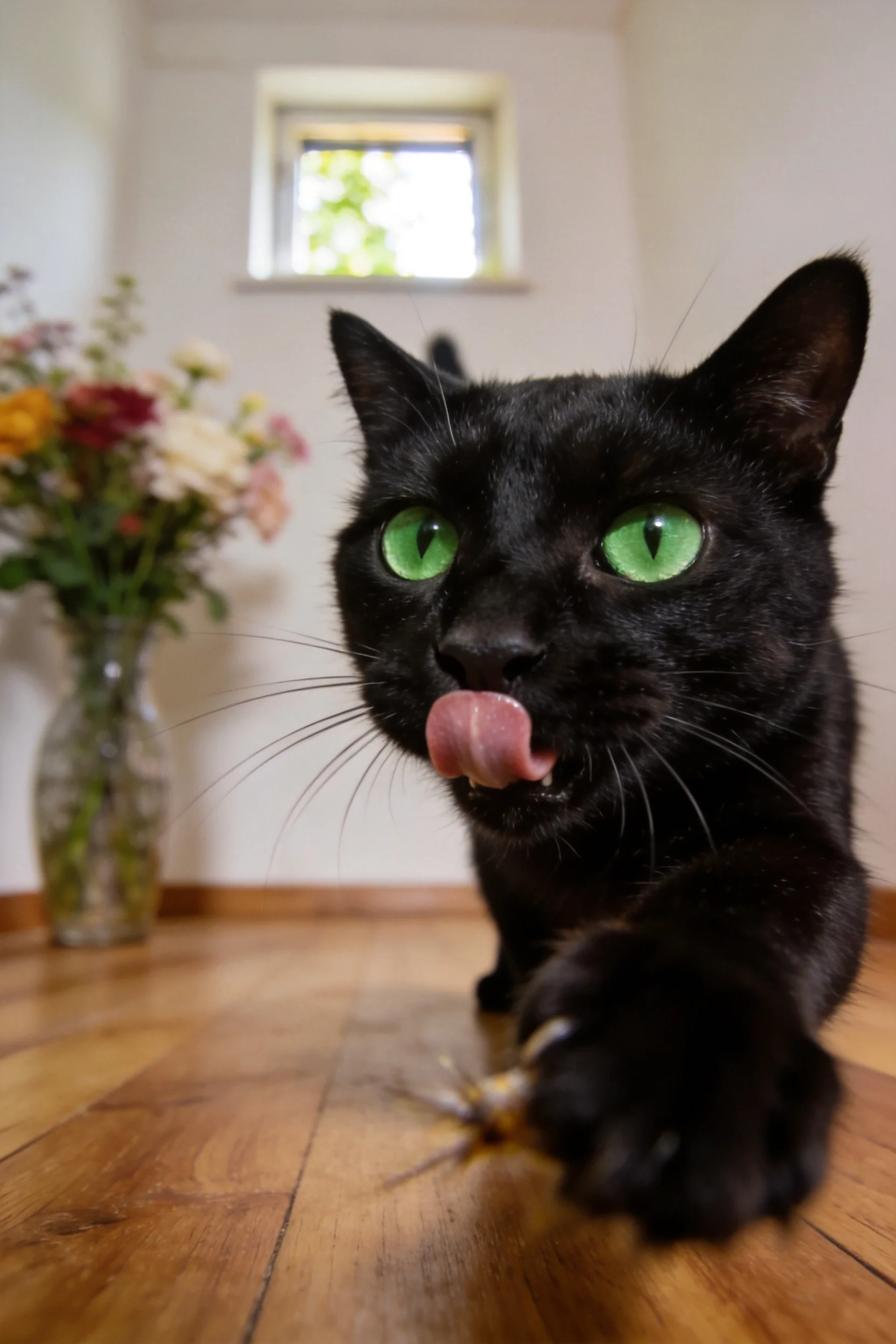短毛家猫有着明亮的绿色眼睛,正舔着自己的前爪,前爪接触木地板。